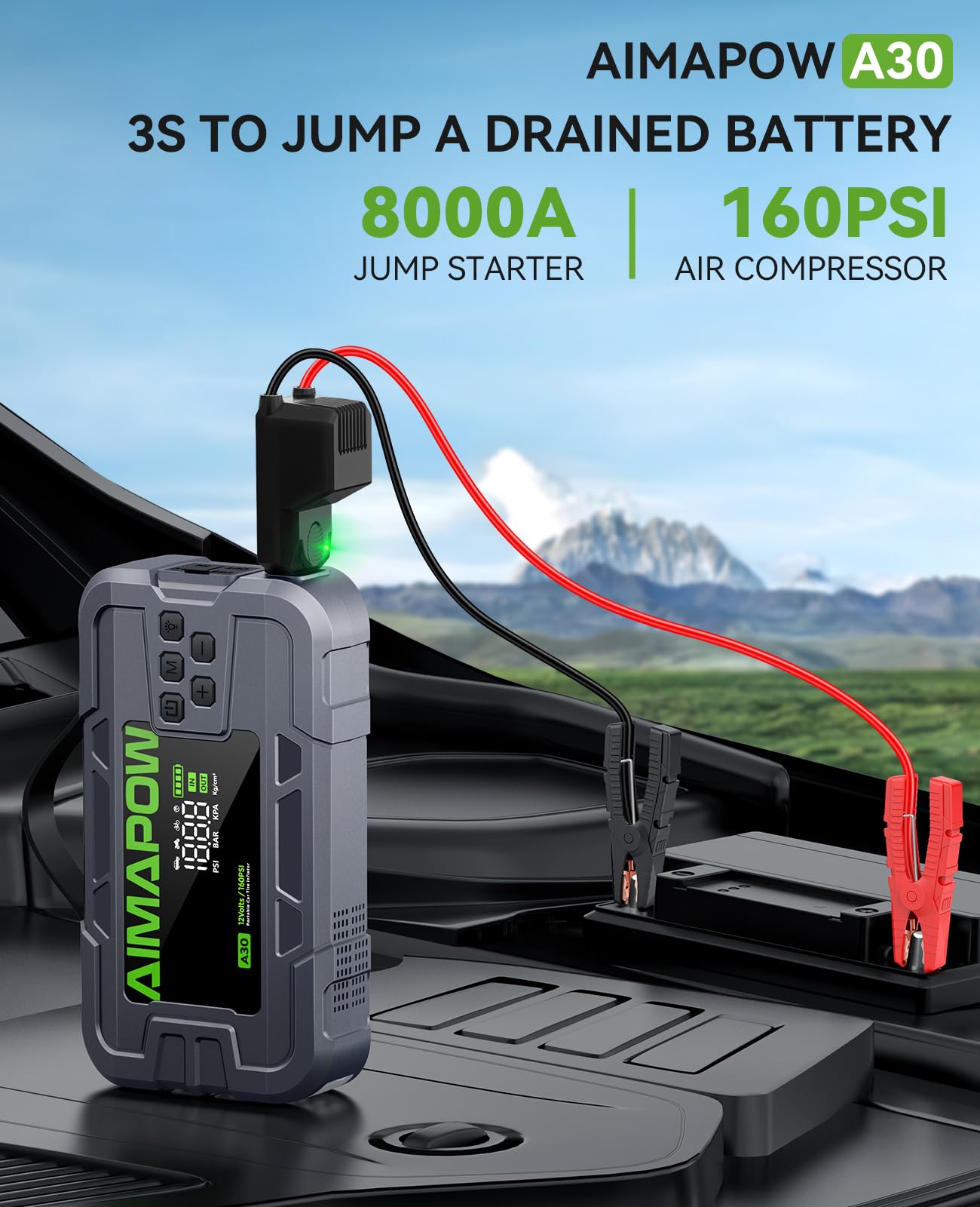 Arrancador de batería de coche con compresor de aire, 8000 A, 160 PSI | Todos los gases/12L Diesel, 12V portátil, carga rápida, luz LED de 270°