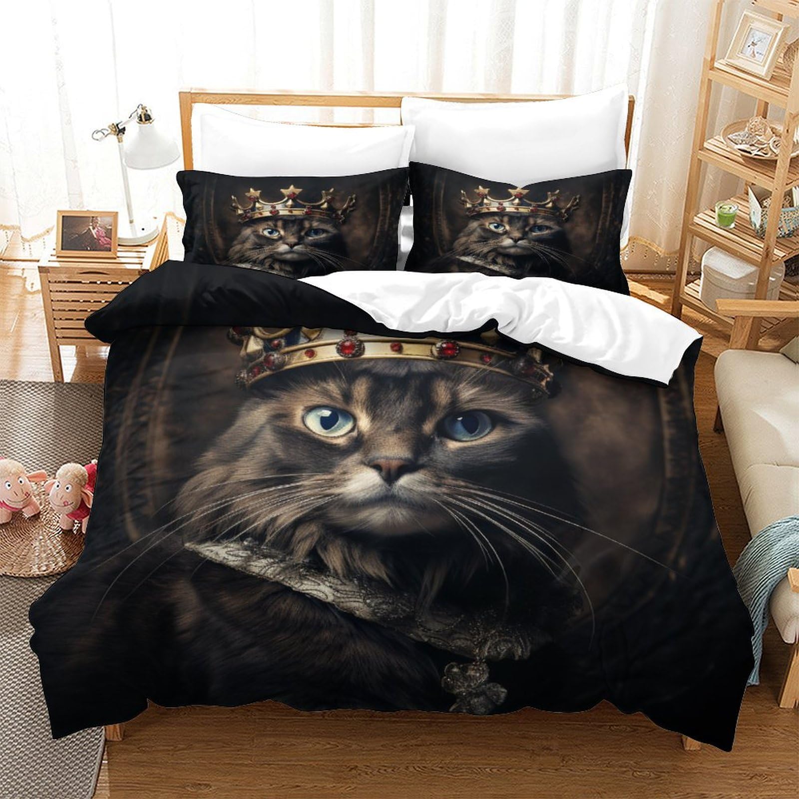 P1S9U7W5Y 3D Printed Majestic Cat Duvet Cover Set 3pcs Microfiber Royal Cat Bedding Set Double