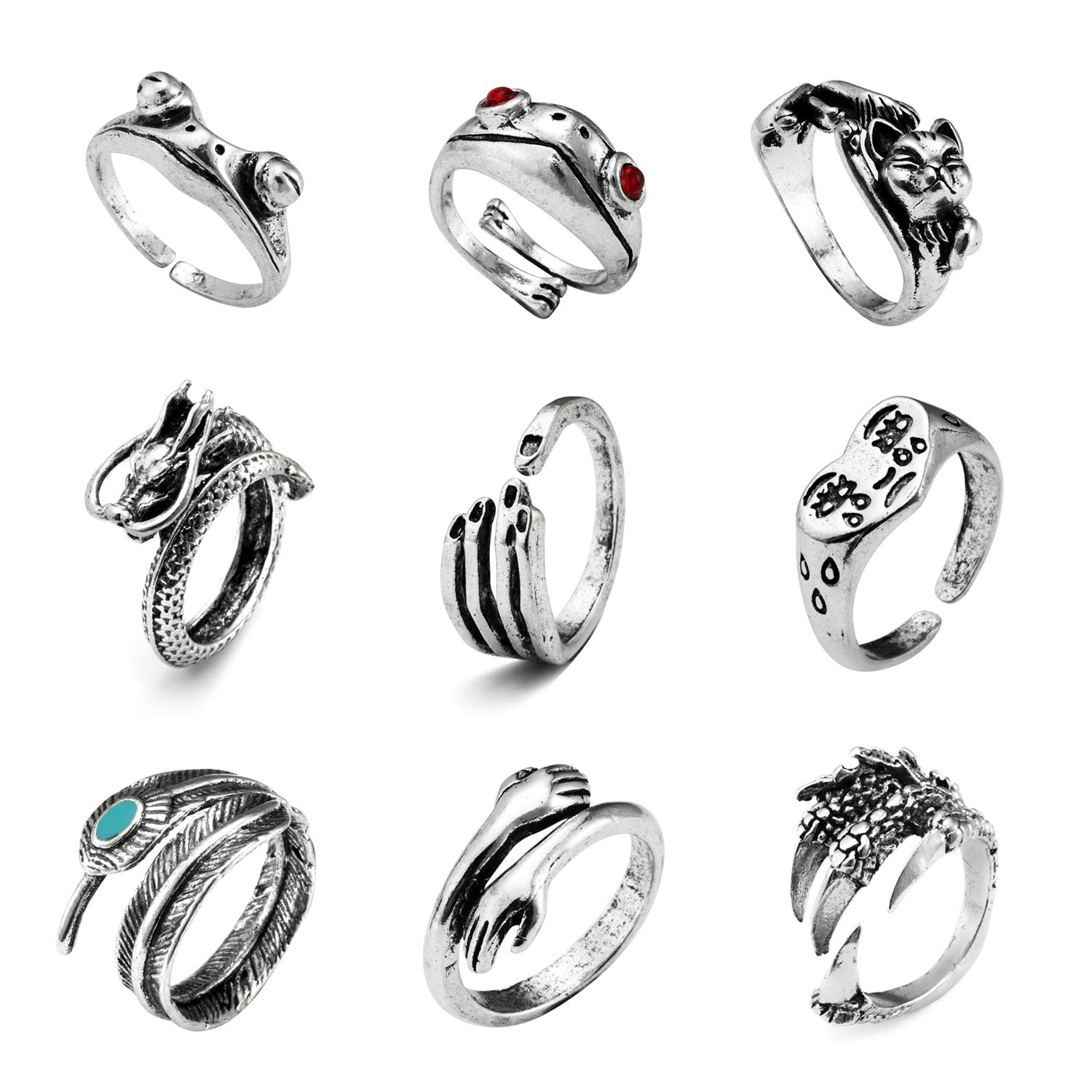 KWHY 10 Pcs Vintage Open Frog Rings Set Knuckle Stacking Ring Snake Cat Animal Ring Punk Finger Rings for Women Men Girls