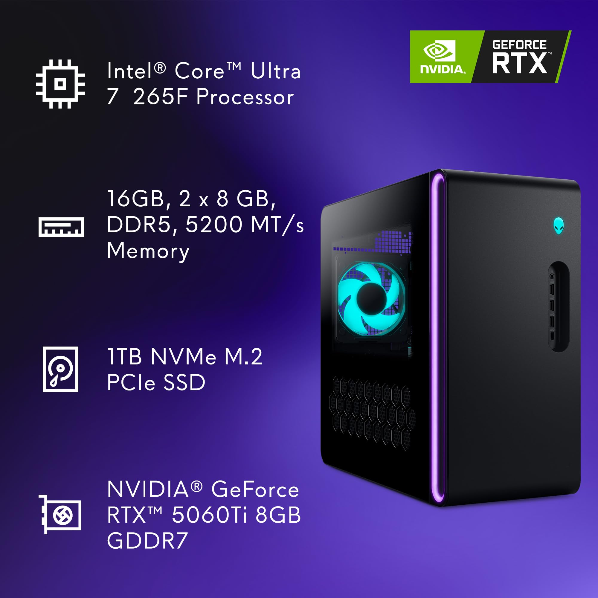 Alienware Aurora Gaming Desktop ACT1250 - Intel Core Ultra 7 265KF Processor, Air Cooled, NVIDIA GeForce RTX 5060Ti, 16GB DDR5 RAM, 1TB SSD, 500W Platinum Rated PSU, Win 11 Home - Clear Panel