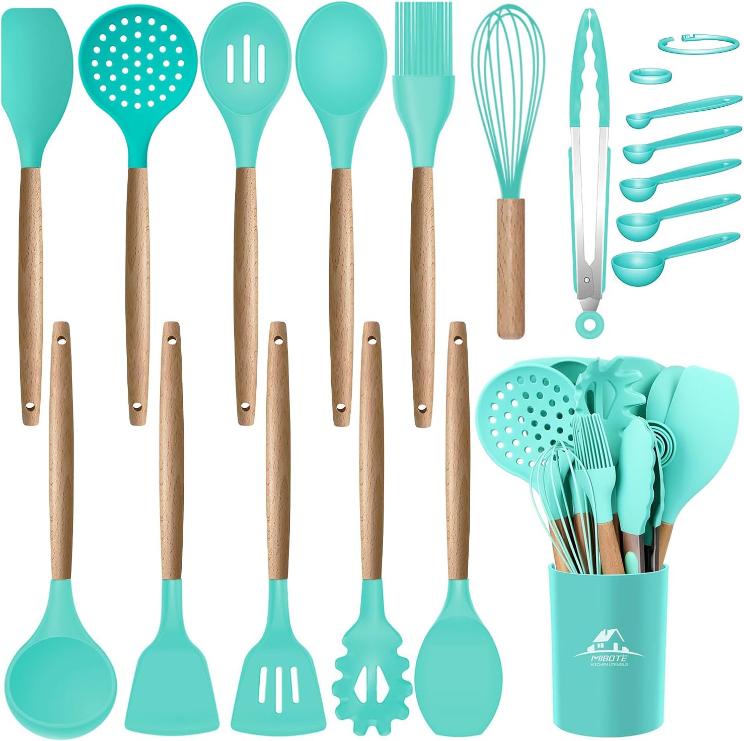 MIBOTE 11pcs Silicone Cooking Kitchen Utensils Set, for Nonstick Cookware (Green)