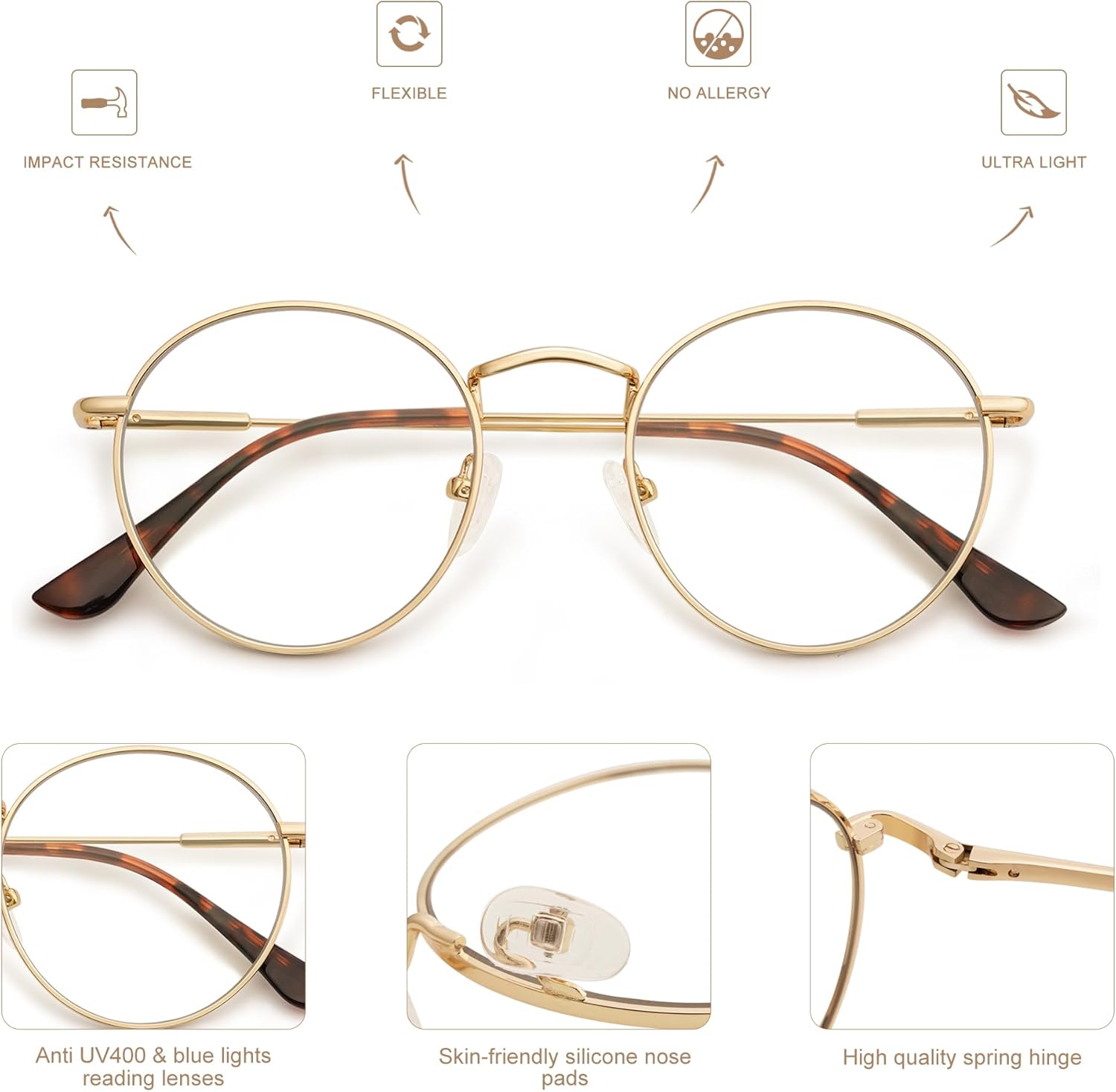 AMOMOMA 3-Pack Retro Round Reading Glasses for Men Women Trendy Blue Light Blocking Computer Readers Metal Frame AM6101 - Image 4