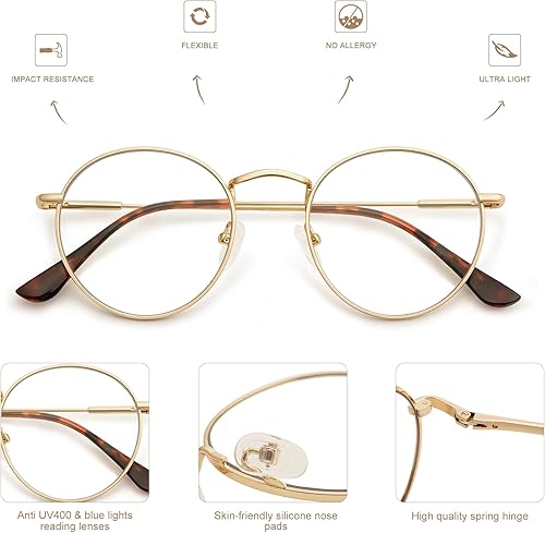 Miniatura 4 de Paquete de 3 lentes de lectura redondos retro para hombres y mujeres, a la moda, bloqueo de luz azul, para lectura frente a la computadora, marco de