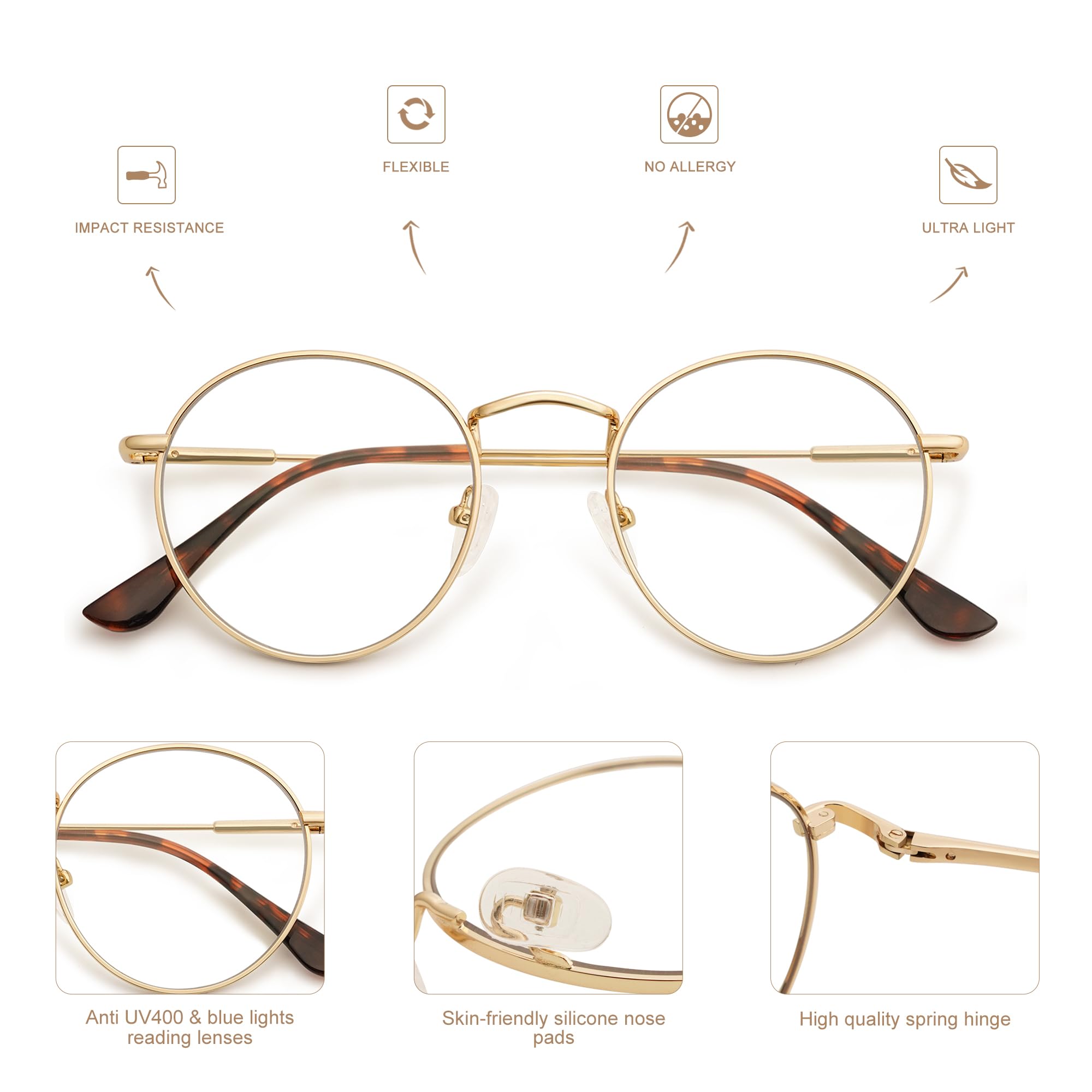 AM6101 3er Set Retro Runde Lesebrille für Männer und Frauen mit Blaulichtblocker