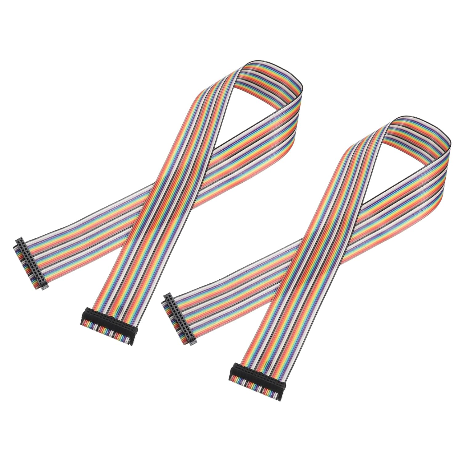 MECCANIXITY IDC Rainbow Wire Flat Ribbon Cable 2.54mm Pitch 20 Pin Connection Line FC Dual Female Black Connector for DIY Experiment 2 Ft Length 2 Pcs