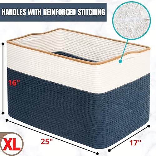 Miniatura 7 de MINTWOOD Design Canasta de almacenamiento extragrande de 112 L para sala de estar, 25 x 17 x 16 pulgadas, cesta de almacenamiento tejida con asas