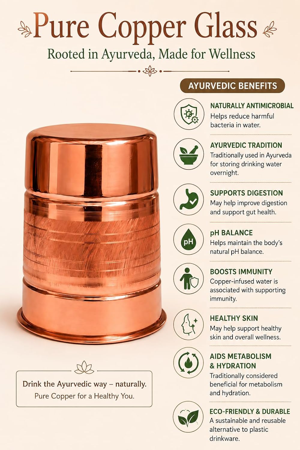 100% Pure Copper Drinking Glass Set of 4 (11.8 Oz) | Tumbler for Ayurvedic Health Benefits | Plain Copper Water Cups for Wellness
