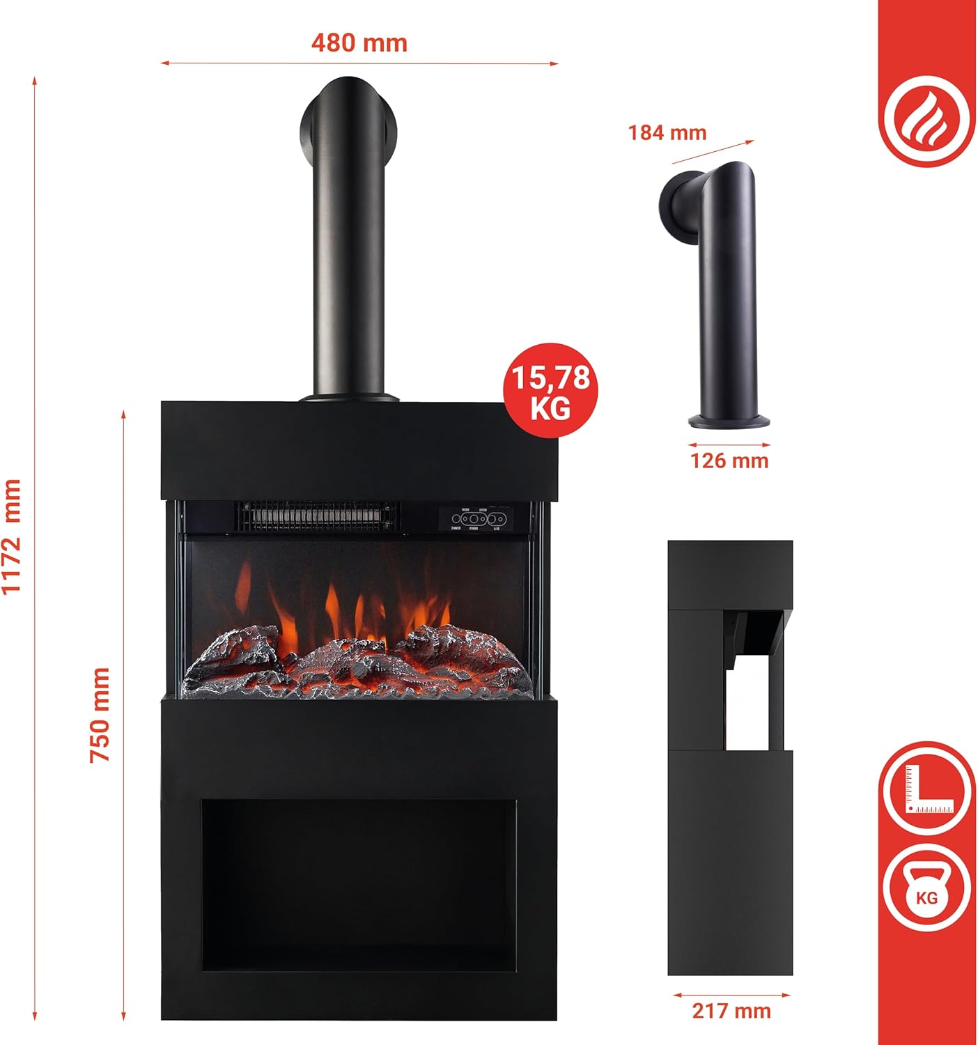 Diagram showing the dimensions of the KAMINIO HENRI Electric Fireplace, including height, width, depth, and weight.