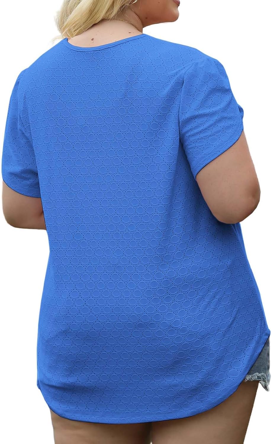 ROSRISS Plus-Size Tops for Women Eyelet Shirts Lace V Neck Petal Short Sleeve Tunics - Image 2