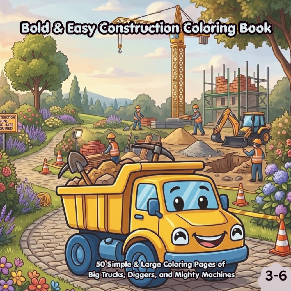 Bold & Easy Construction Coloring Book: 50 Simple & Large Coloring Pages of Big Trucks, Diggers, and Mighty Machines