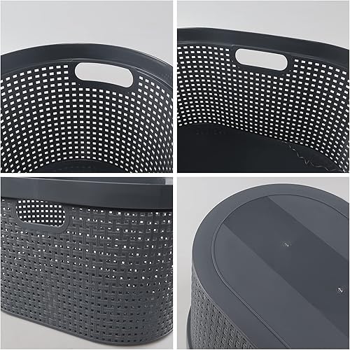 Miniatura 3 de Sandmovie Paquete de 4 cestas de plástico para la lavandería, cestas grandes para ropa sucia con asas recortadas, color gris, 42 L