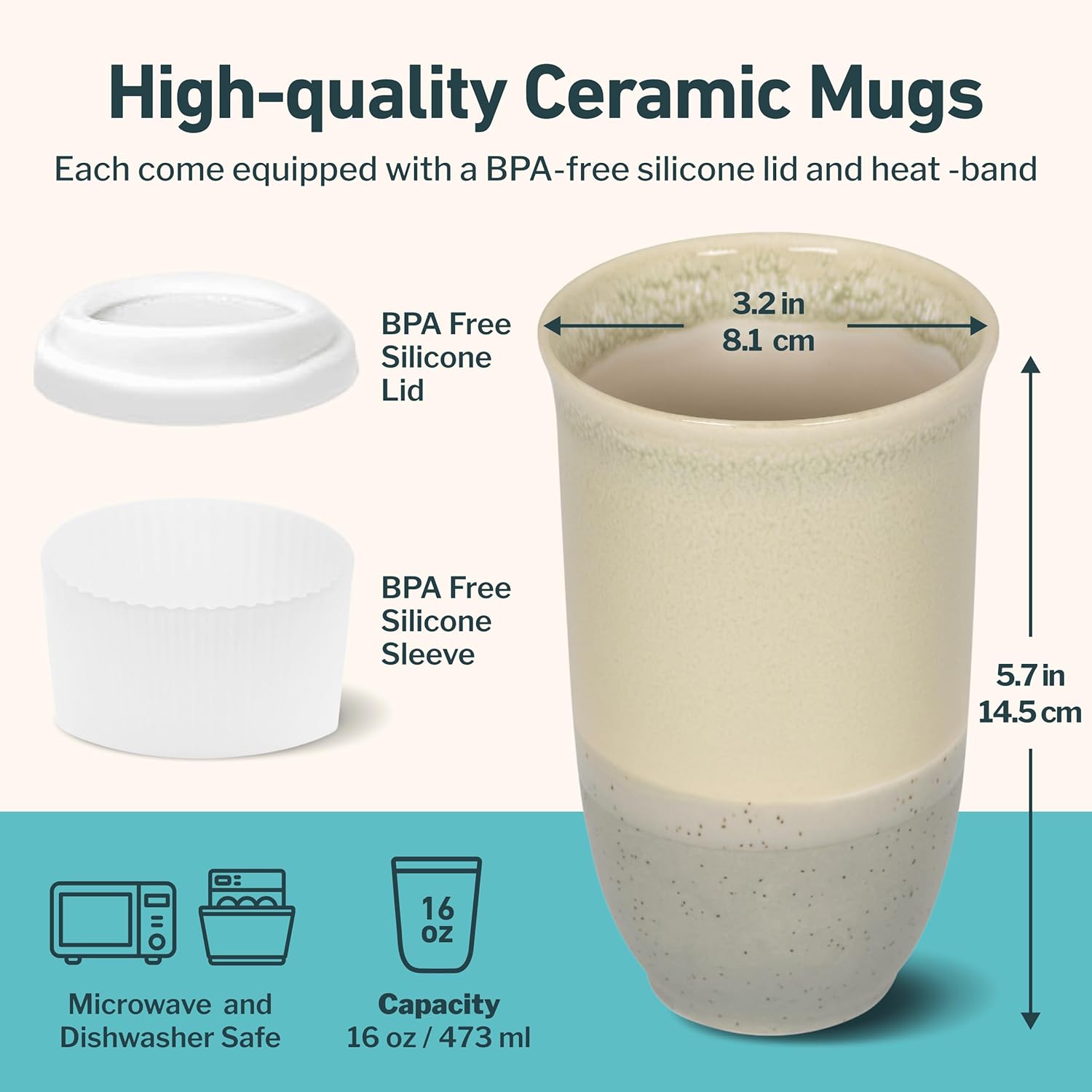 NOVA CERAMICS Travel Mug - Ceramic Coffee Mug With Lid – Microwave & Dishwasher Safe Coffee White & Grey Tumbler - Gifts For Women Men Him Her – 16oz – Mist