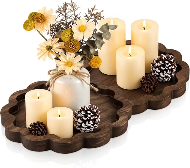2 Pcs Scalloped Wooden Tray for Coffee Table 11 x 9.8 Inch | Farmhouse D...