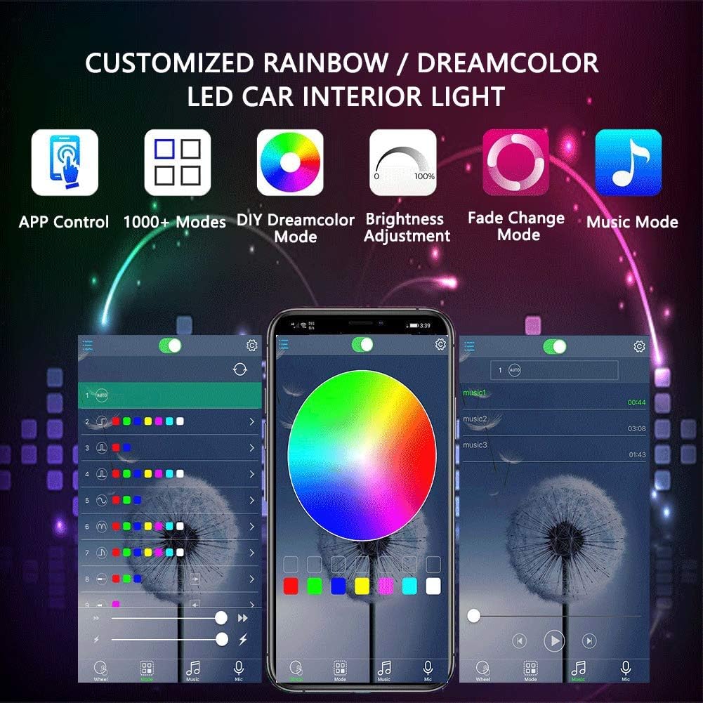 OONOL Dreamcolor Interior Car Lights 4PCS Car Neon Strip with 2-in-1 (APP & IR Remote) Bright Music Sync Lights with DIY Color and Super Length Wires for Universal Car, DC 12V (48 LED Rainbow Color)