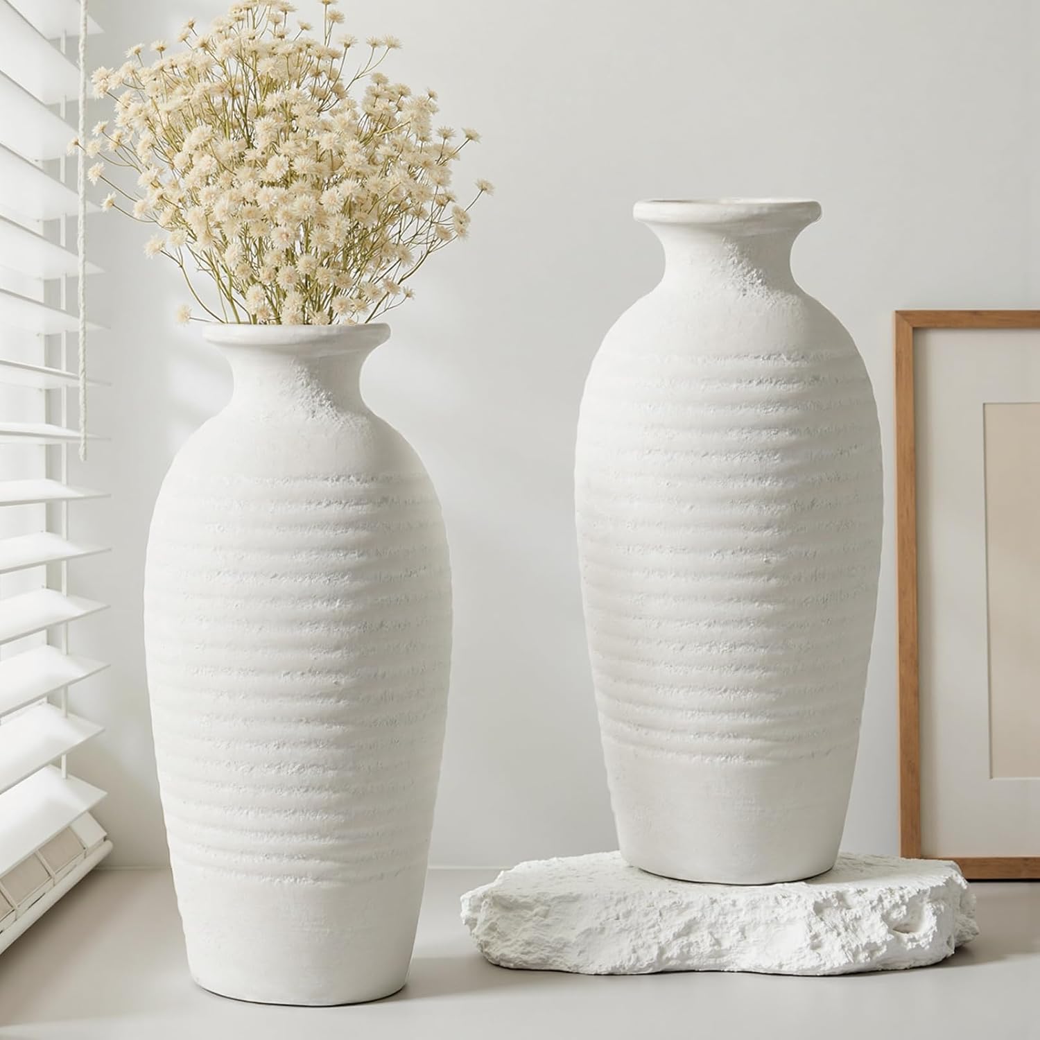 Rustic Ceramic Threaded White Vase, 14.4" H Tall Vases for Centerpieces,Handmade Large Decorative Vase for Living Room Decor,Vintage Farmhouse Pottery Flower Vase for Entryway Fireplace|Off-White