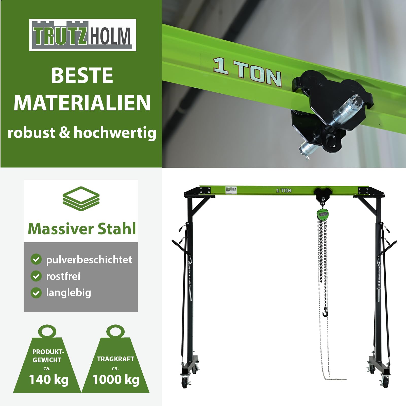 TRUTZHOLM Portalkran mit Laufkatze I Tragkraft 1 t I Stahl I Hubhöhe 2400-3600 mm I Durchfahrtsbreite 2400 mm I Mobiler Kran mit 360 Grad Lenkrollen I Brückenkran Portalhubkran für Werkstatt Lager