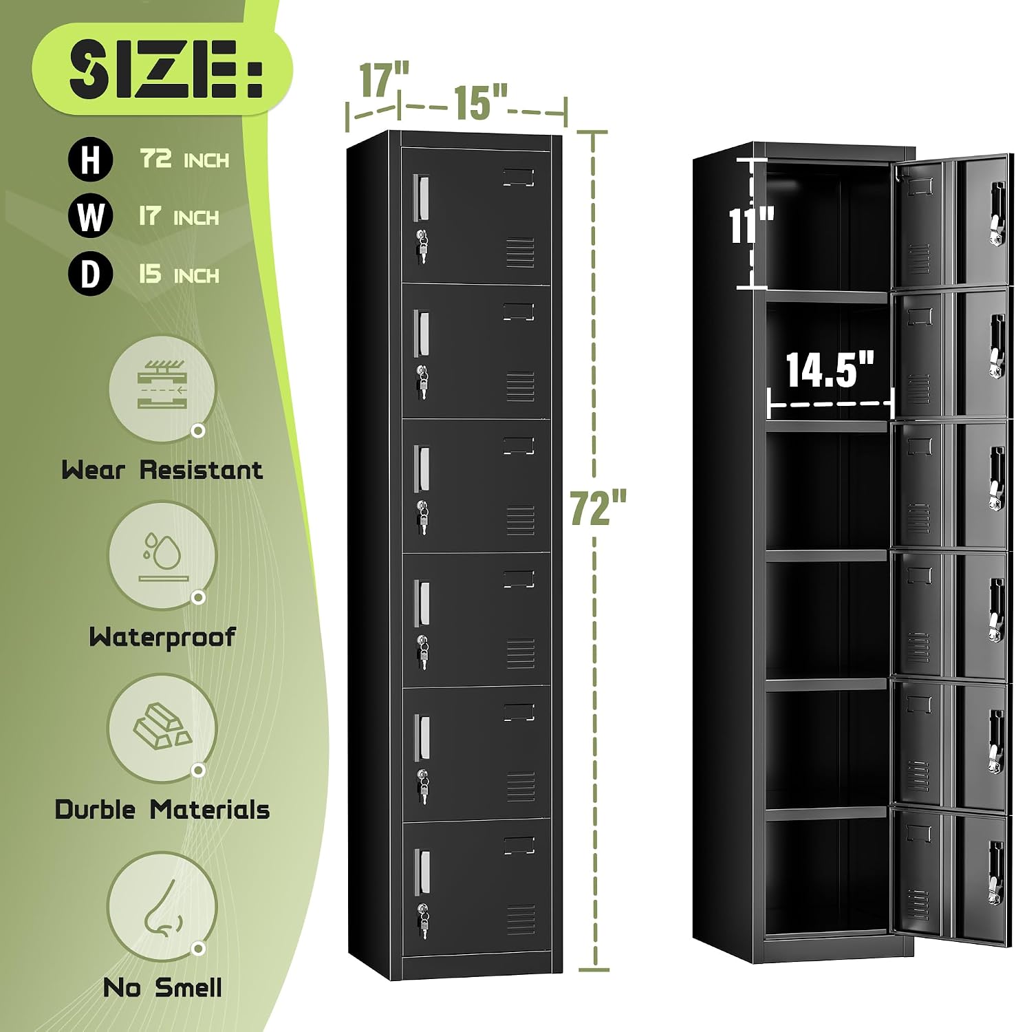 Crownland Metal Locker for Employees with Lock,Metal Office Storage Locker with 6 Door,72" Steel Storage Cabinet Steel Lockers for Home,Garage,Gym(Black)