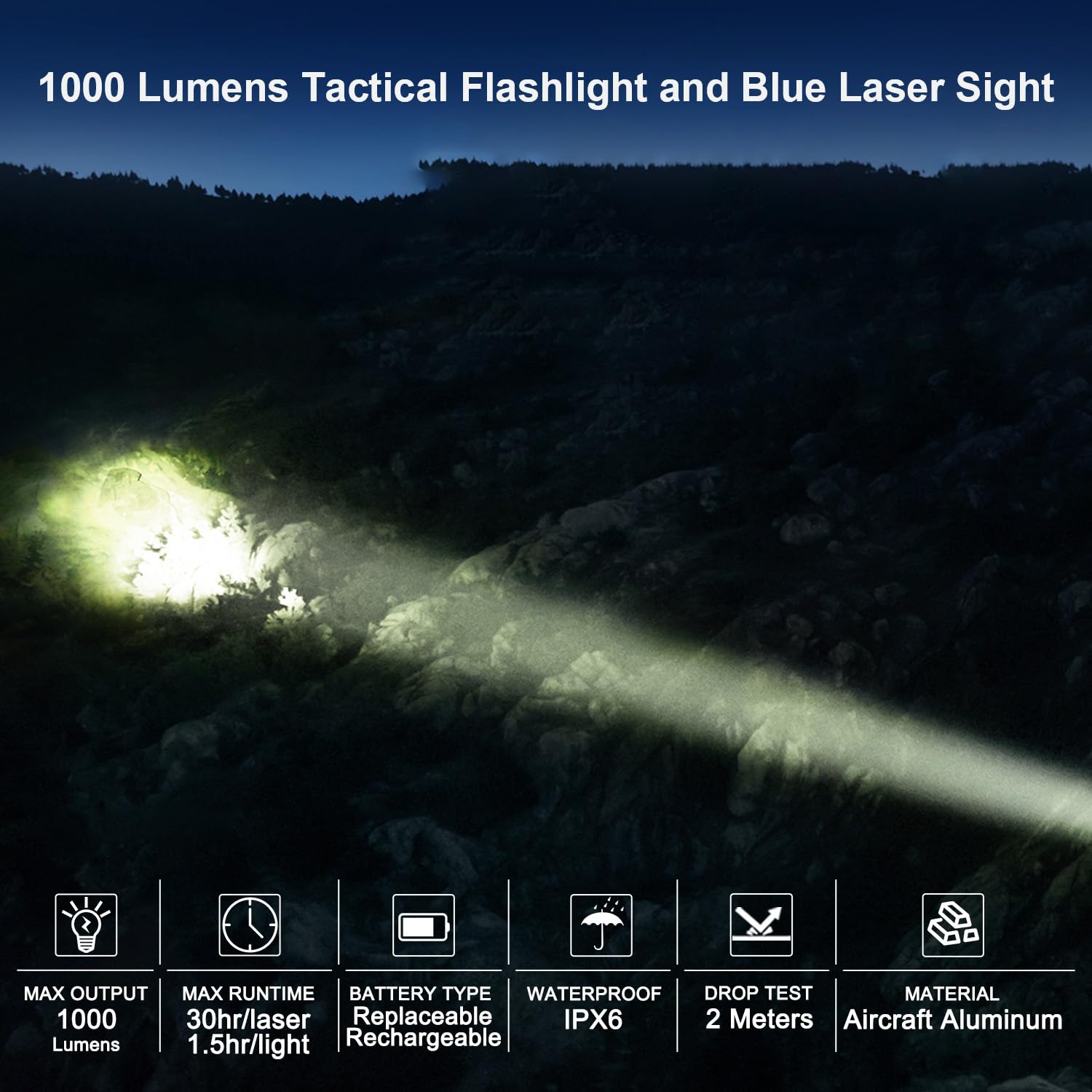 Blue Laser Sight with 1000 Lumens Tactical Flashlight for Rifle, Beam Light Combo, Hard Anodized Aluminum Alloy, Laser Class IIIA, 5mW
