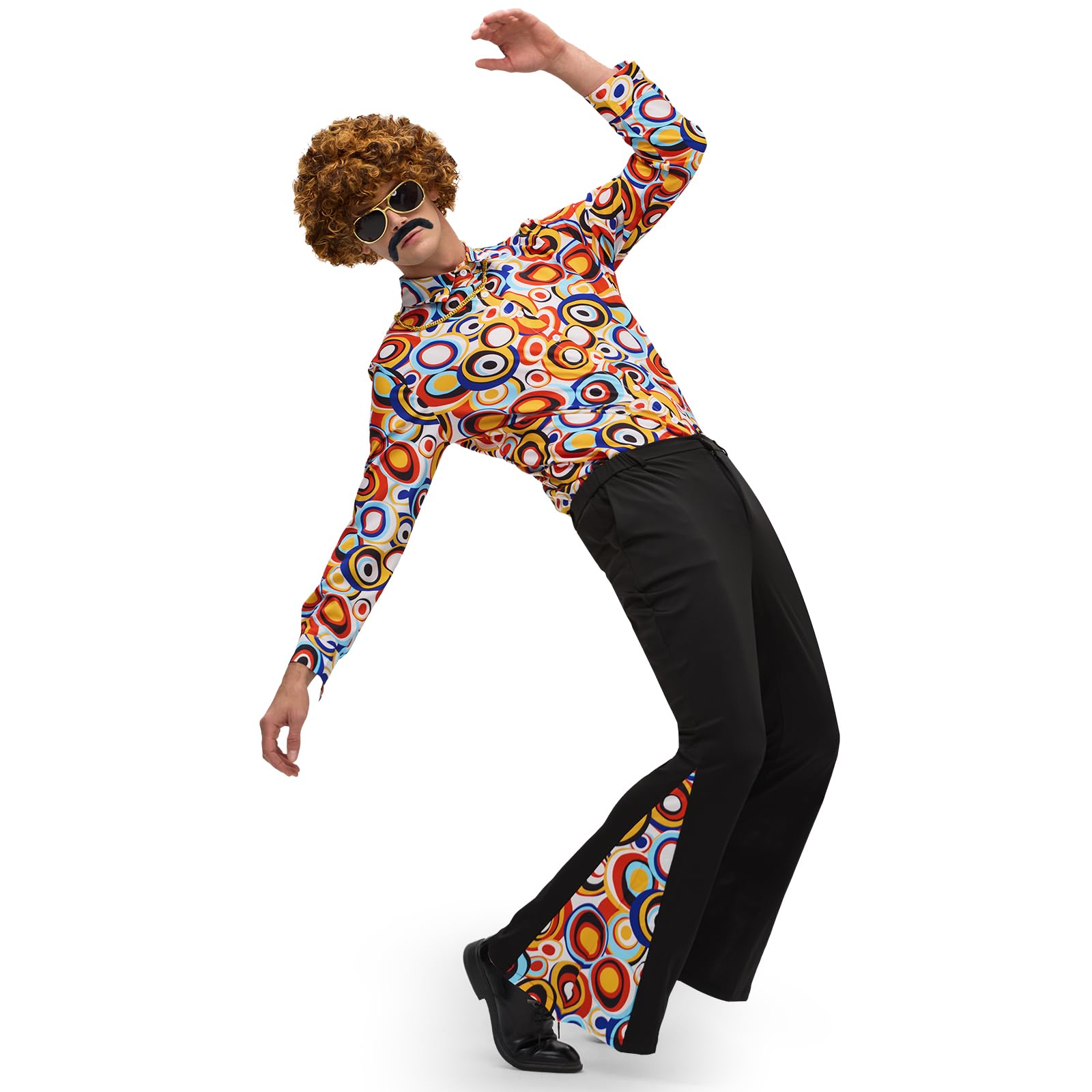 Ulikey Déguisement Année 70 Homme, Tenue Année 6070 Hommes Ensemble de Costume Rétro Hippie avec Perruque, Chemise, Pantalon à Pattes d'éléphant et Accessoires Disco pour Carnaval
