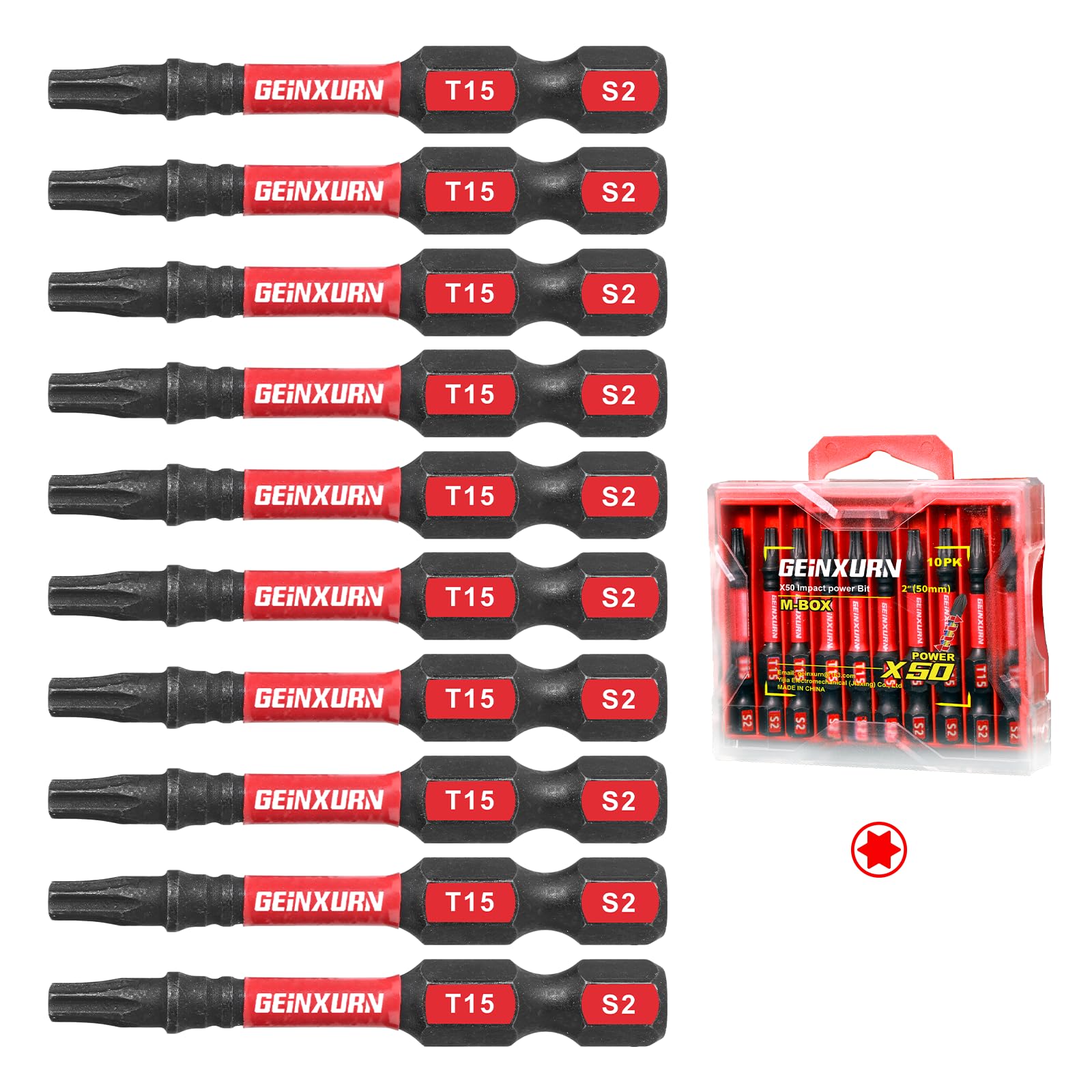 Geinxurn 10Pieces 2 In. T15 Impact Tough Magnetic Screwdriver Bit Set, #15 Torx Head Power Bits, S2 Alloy Steel Star Bits with Storage M-Box