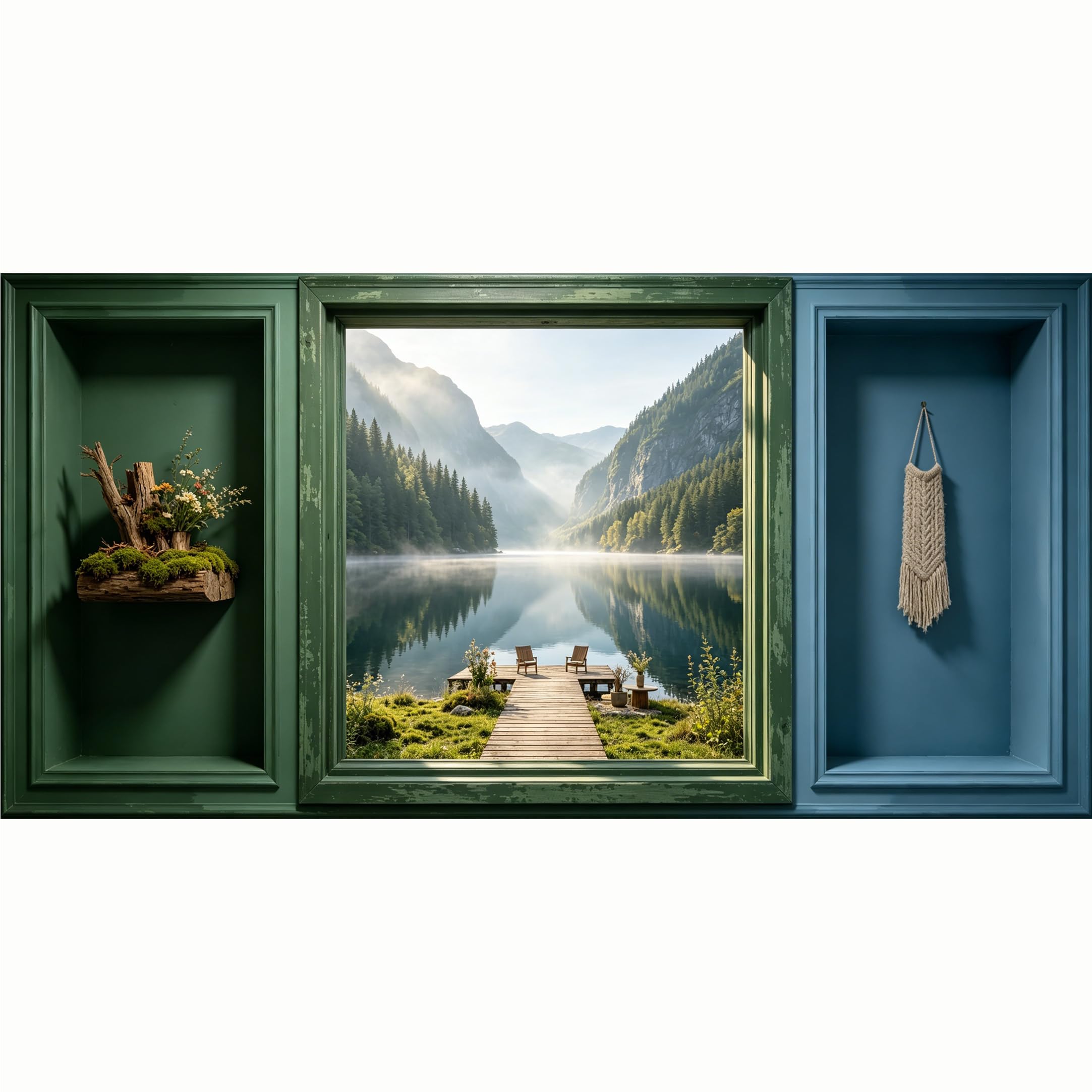 QZLITHOTIC 50x100cm 3D Framed Wall Art， Mountain Lake Landscape 3D Trompe l'oeil Self‑Adhesive Mural， Water‑Activated Peel & Stick Fabric Decor Wall Decal for Bedroom Living Room