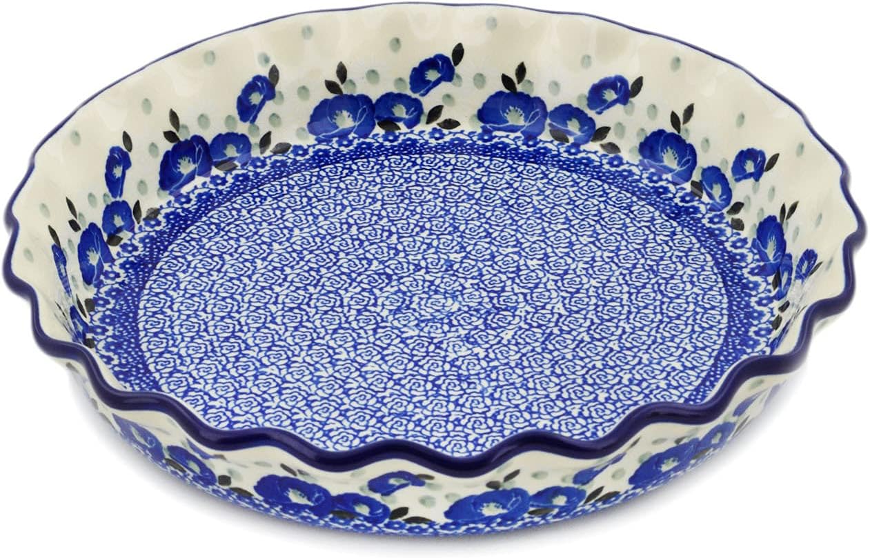 Polmedia Polish Pottery Fluted Pie Dish - Eternal Winter Pattern Handmade in Boleslawiec Poland by Ceramika Artystyczna + Certificate of Authenticity