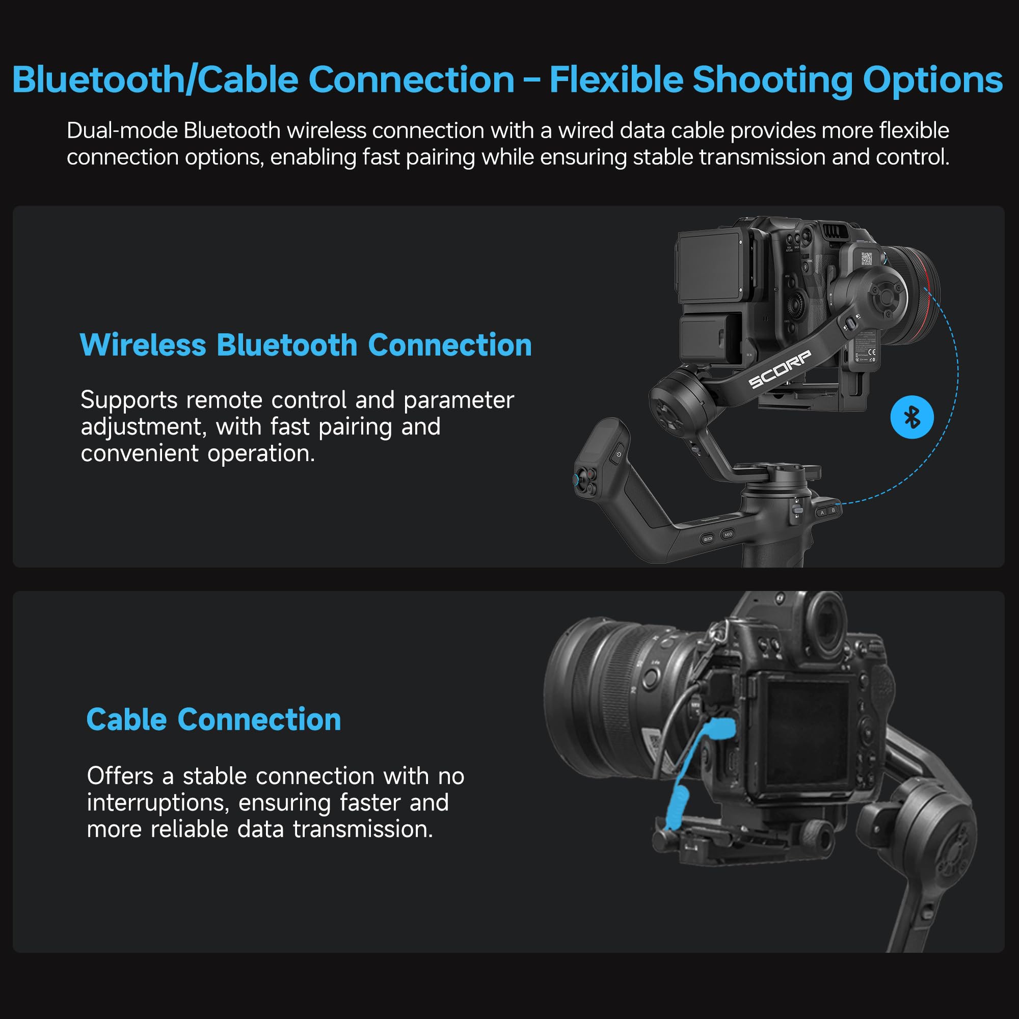 Feiyutech SCORP-C2 Stabilisateur Caméra avec suivi IA,Stabilisateur 3 axes pour Appareils Photo,Charge utile de 3,5kg,Poignée Arrière Intégrée,Prise de vue Verticale Native,Commandes par Boutons
