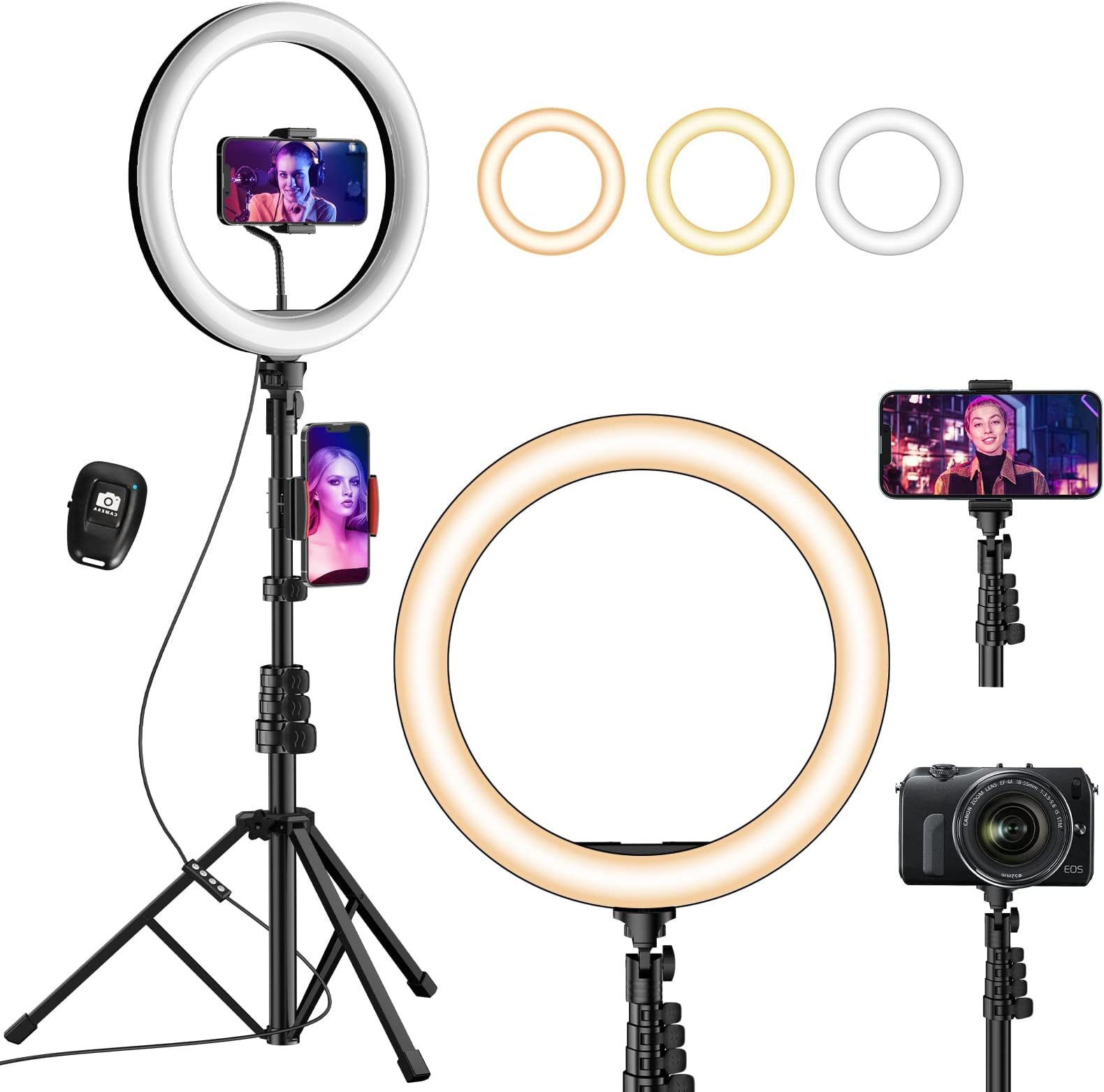 12" Ring Light with Tripod Stand & Phone Holder, 63" Tripod Stand with 3 Light Modes & 10 Brightness Levels for YouTube/Instagram/Video/Photography/Live Streaming