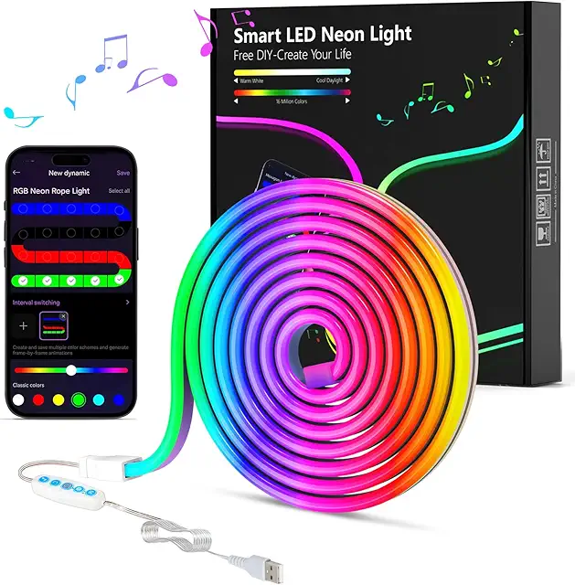LED Neon Rope Lights: 6.6FT RGB App-Controlled Strip with Music Sync