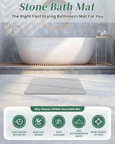 Miniatura 8 de VOPEAK Tapete de baño de piedra, de secado rápido, tapete de baño de tierra de diatomeas con tapete antideslizante, tapete de baño súper absorbente,