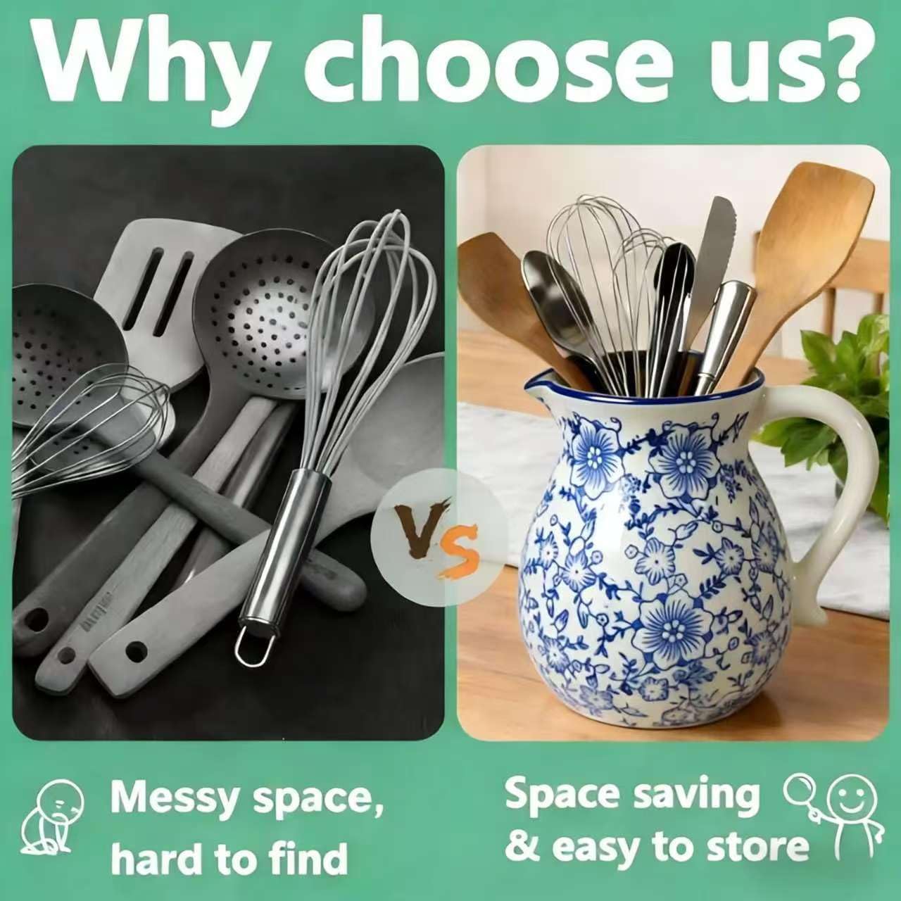 Rustic Ceramic Utensil Holder, 6.1" Modern Farmhouse Cooking Utensil Holder for Kitchen Counter with Handle, Kitchen Utensil Organizer Crock (Blue white)