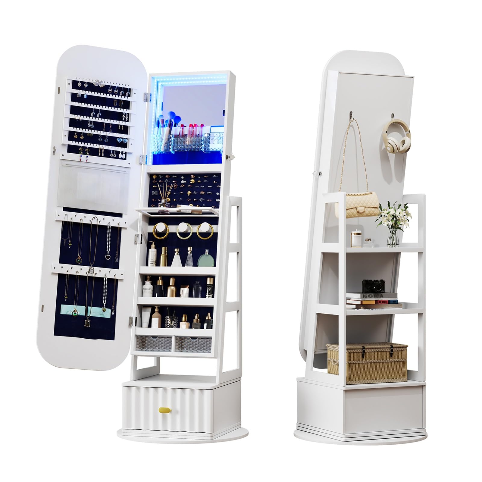 HXYhydrypd HXYhydrypd Espejo Joyero de Pie Cuerpo Entero, Organizador Giratorio de Joyas de Cuerpo Entero, Armario Joyero con Cerradura y Cajón, Mujeres y Niñas(White)