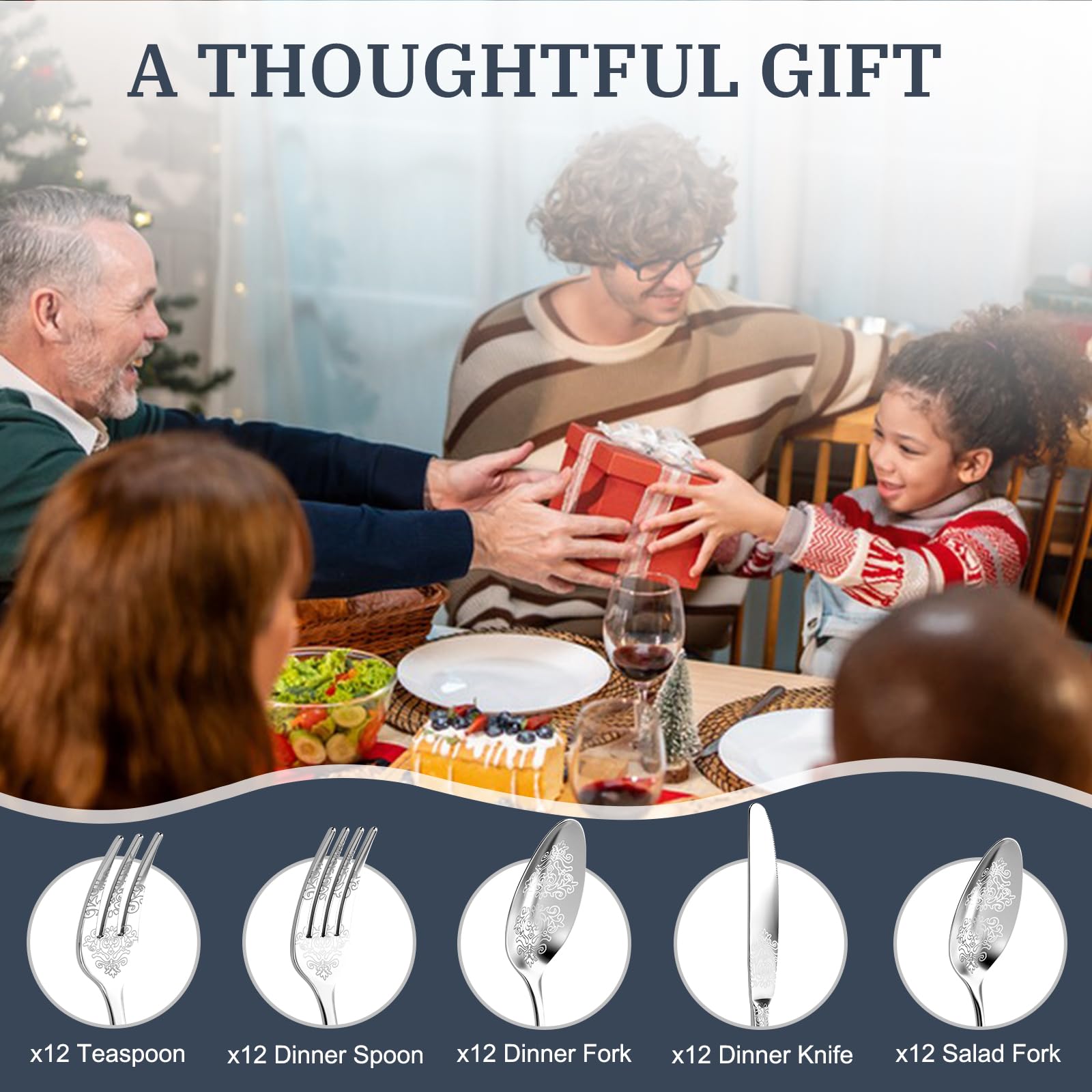 DRAGON RIOT Besteck Set 60-Teilig aus Edelstahl in Silber für 12 Personen | Elegantes Besteckset mit Messer, Gabel und Löffel, Spülmaschinenfest, Ideal für Haushalt, Party & Restaurant
