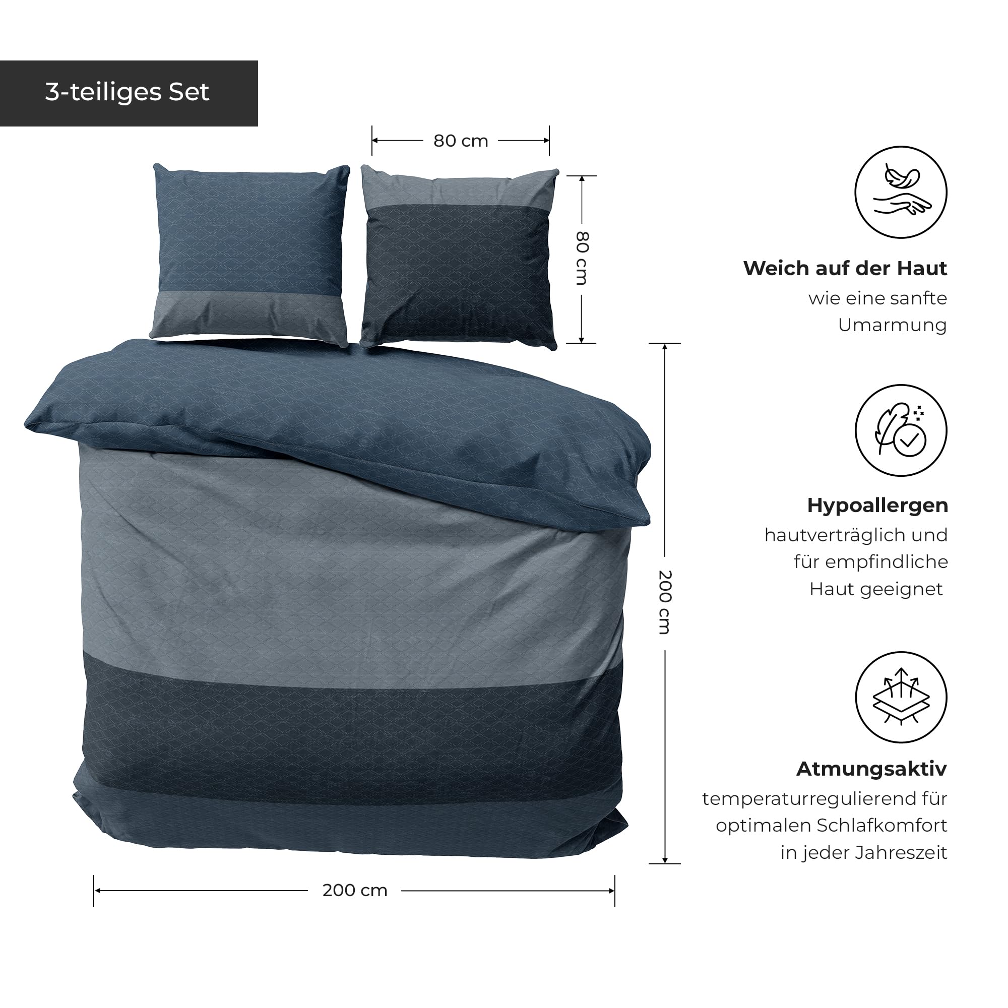 Premium Bettwäsche 200x200 – 100% Baumwolle, ÖKO-TEX Zertifiziert, Renforcé, Atmungsaktiv & Antiallergisch, mit Reißverschluss, 3teilig – Bettbezug + 2X Kissenbezug 80x80, Grau, Blau, Hellblau