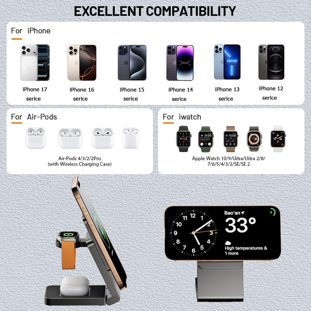 3 in 1 Charging Station for Apple, Wireless iPhone Charging Station for Multiple Devices, Foldable Magnetic Mag-Safe Charging Station for iPhone 17/16/15/14/13/12/pro/pro max,Apple Watch,AirPods
