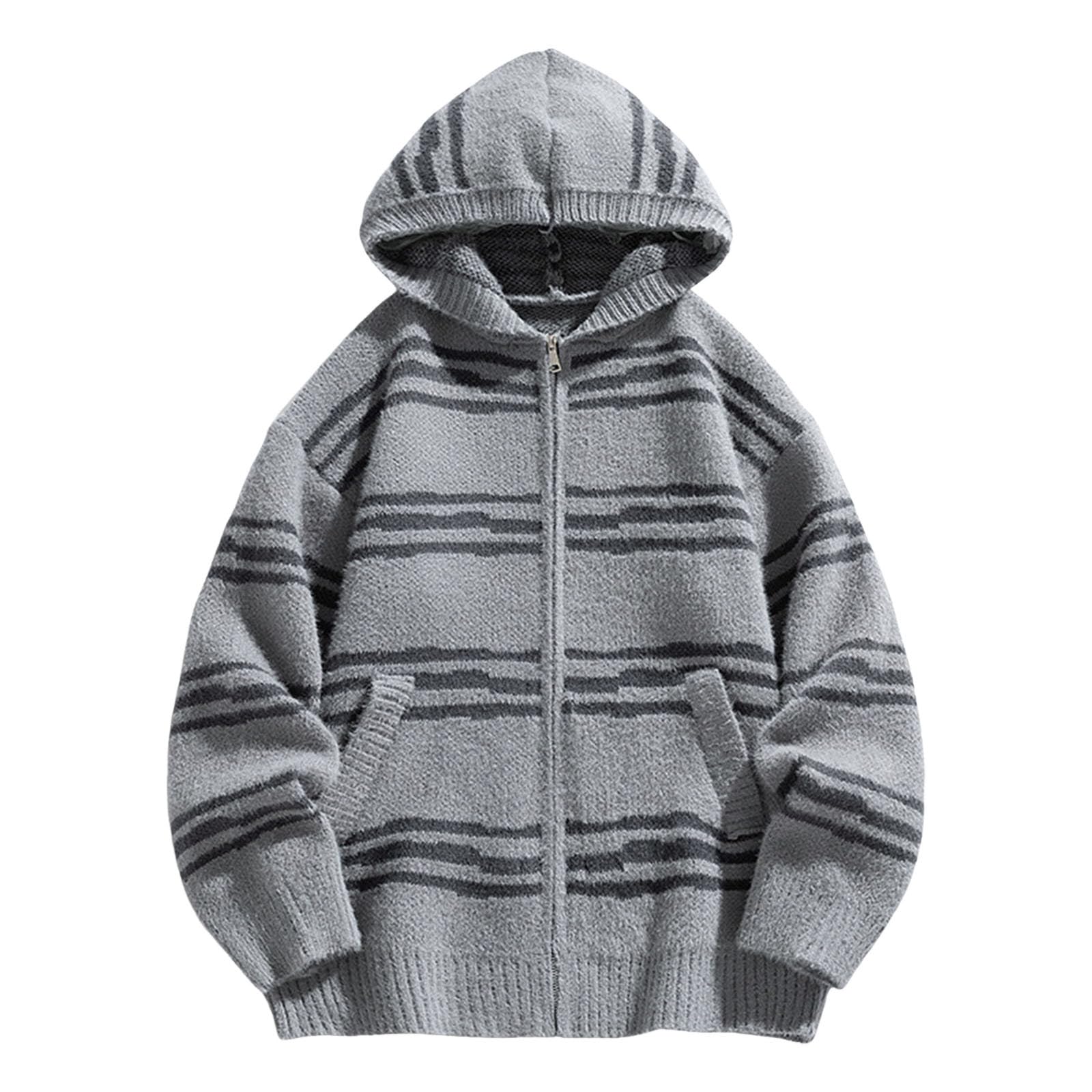 Cardigan con chiusura lampo, da uomo, con motivo a righe trasversali, con cappuccio, morbido, leggero, vintage, lavorato a maglia, per le mezze stagioni, comodi e caldi cardigan