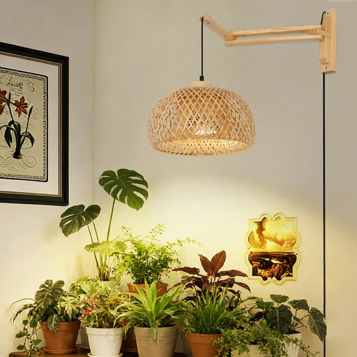 HMVPL Hanging Grow Lights for Indoor Plants Full Spectrum, Boho Plant Lights for Indoor Growing with 20W COB Grow Light Bulb, Bamboo Wall Mounted Grow Light with Swing Arm, Timer for Large Small Plant - Image 5