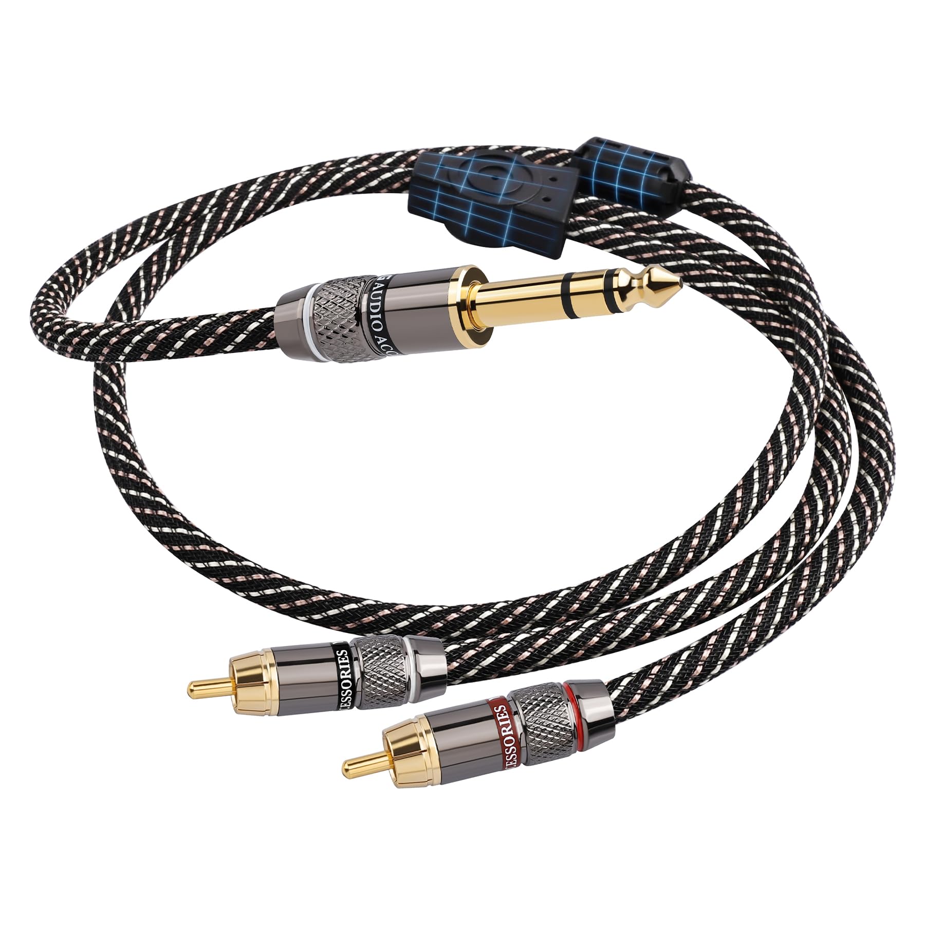 Cavo splitter a Y da 1/4 a RCA, cavo audio da TRS a doppio RCA, 6,35 mm con OFC 6N e connettori placcati oro 24 K da 5 μm, cavo Hi-Fi intrecciato per audiofili, stereo domestici e giradischi