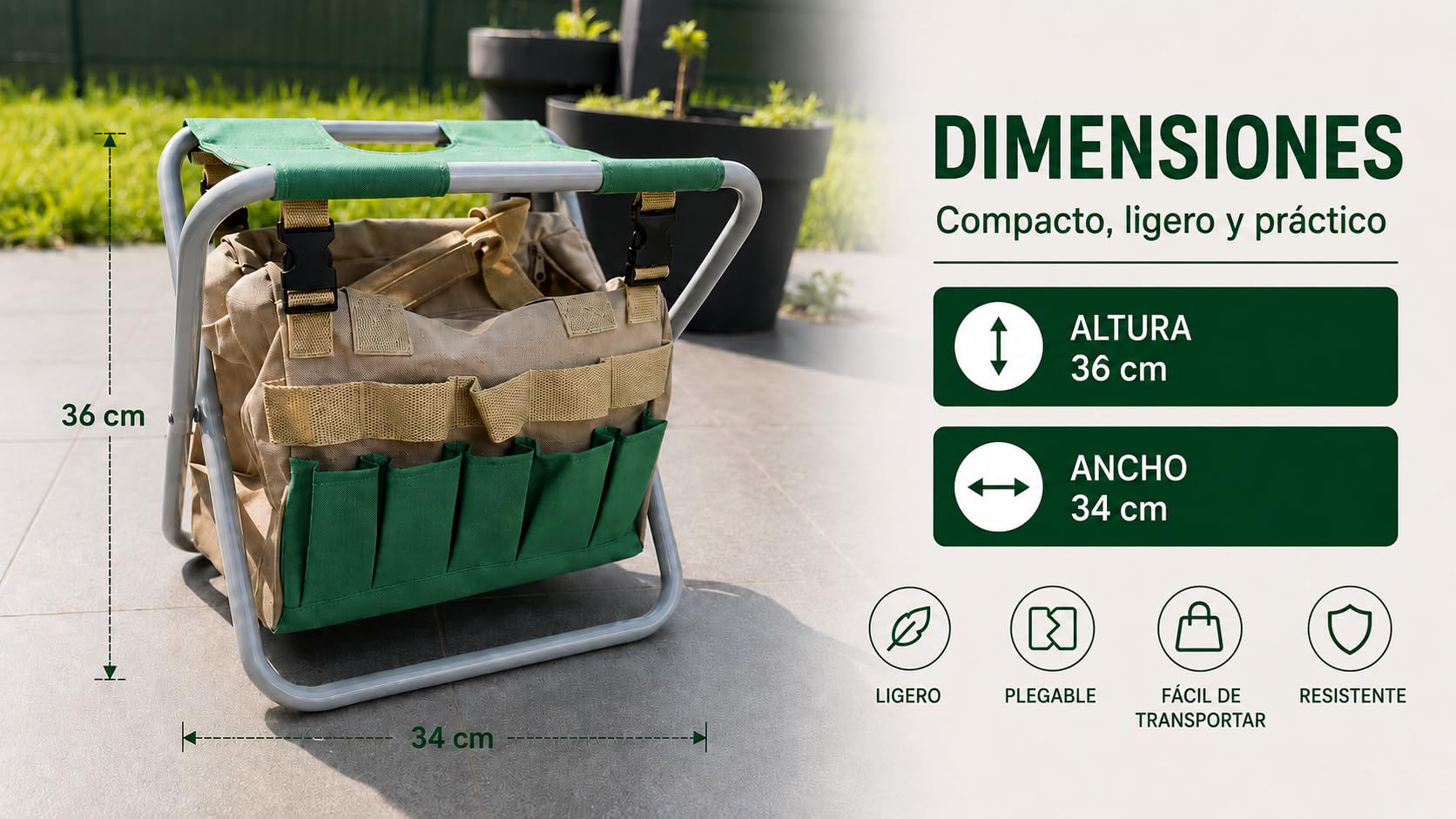Kit Jardinería Ergonómico Verdorin - Taburete Plegable + 12 Herramientas Acero Inoxidable + Bolsa + Guantes + Rodilleras - Jardinería sin Dolor en la espalda ni en las Rodillas
