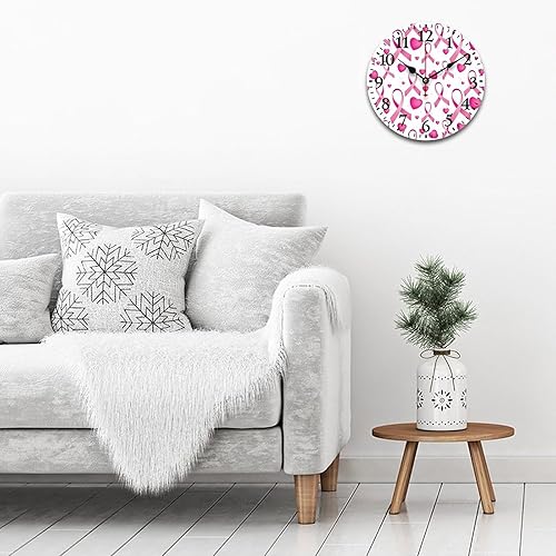 Miniatura 3 de Reloj de pared de cinta rosa para cáncer de mama, reloj de madera redondo, silencioso, sin tictac, funciona con pilas, reloj colgante decorativo de