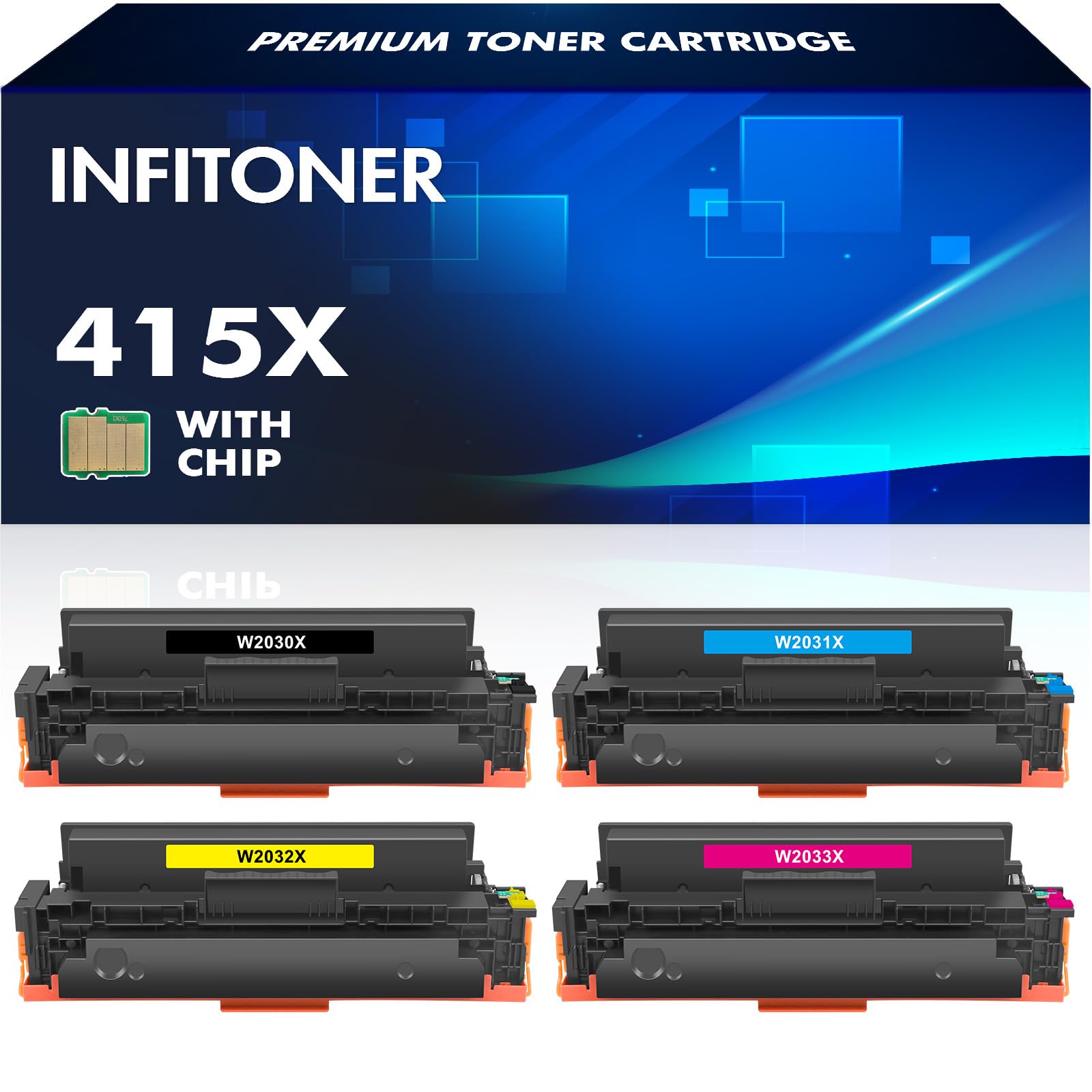 4-Pack 415X 415A Multipack with Chip Compatible with HP 415X 415A MFP M479fdw Toner Color Laserjet Pro M479dw M479fnw M479fdn M454dw M454dn W2030X W2031X W2032X W2032X W22X W22X 033X, Black Magenta