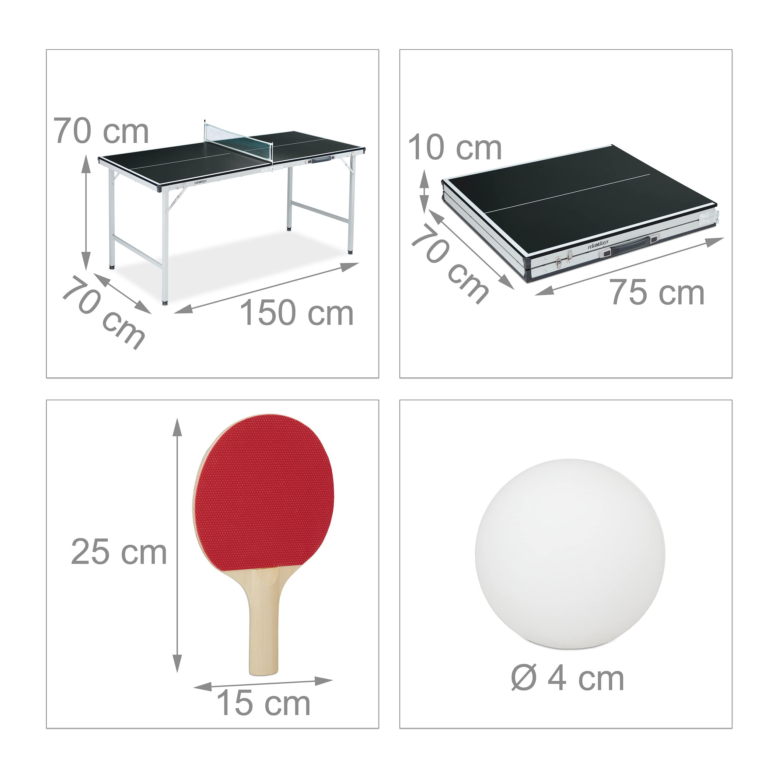 Relaxdays Table Tennis-de-Table d’intérieur, Pliant, lot, Filet, 2 Raquettes, 3 balles, HxLxP : 70 x 150 x 70 cm, Noir