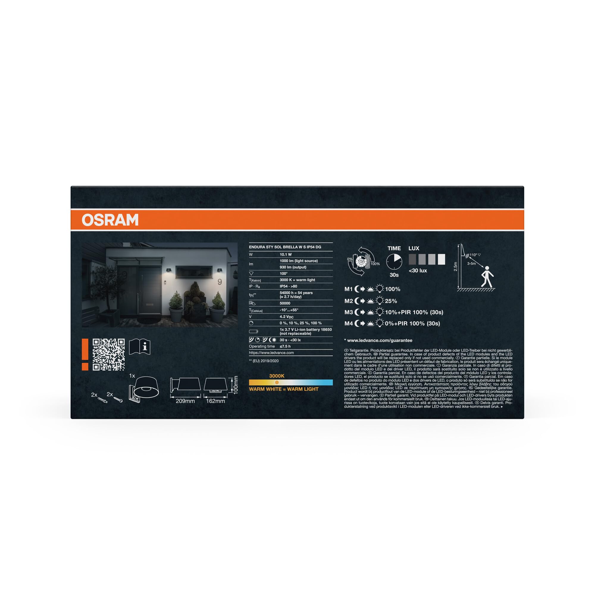 OSRAM Kinkiet solarny LED Endura Style Brella, 10,1 W, ciepła biel 3000 K, 930 lm, czujnik PIR, IP54, 18 dni