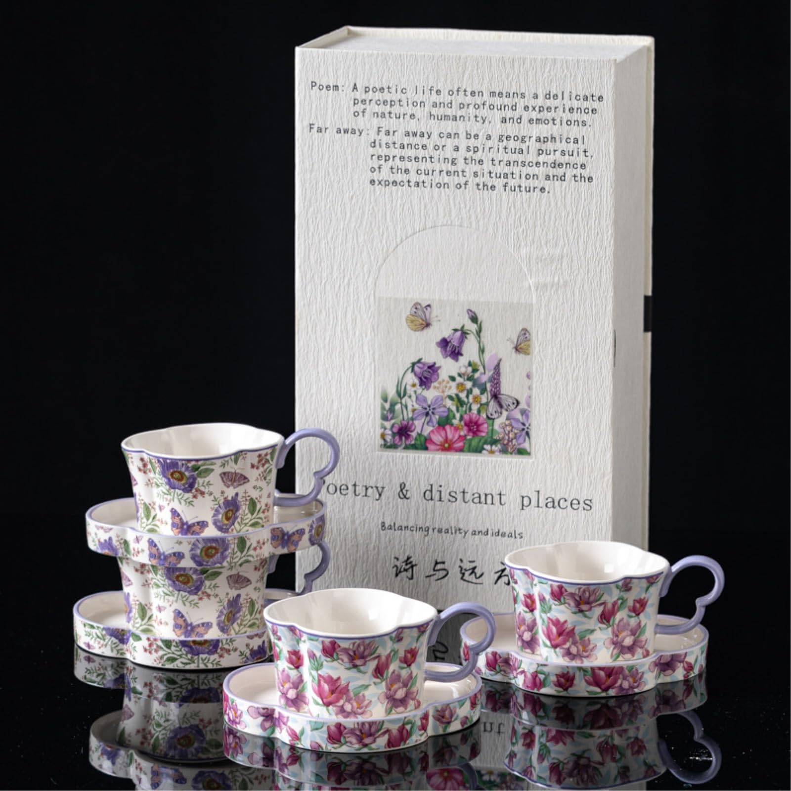 Ceramiczny zestaw filiżanek do herbaty i spodków z motywem motyla, fioletowy, do użytku domowego i biurowego, kolekcja poezji i odległych miejsc, zestaw 2 filiżanek z pudełkiem prezentowym