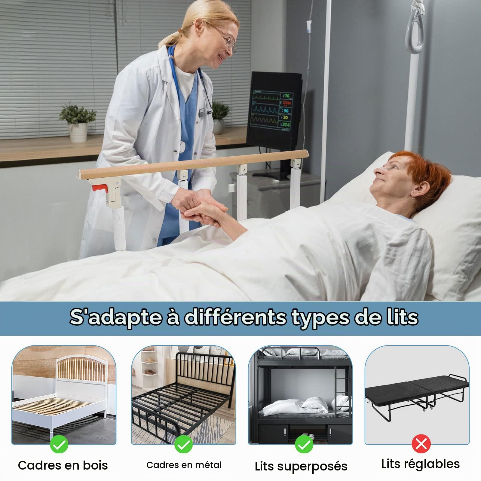 Barrière de lit pour Personnes Agées,Poignée d'assistance à la sécurité pour Rail de lit,Barriere Lit Pliable Garde Latérale Sécurité,Hospitaliers, pour Personnes âgées Adultes Enfants