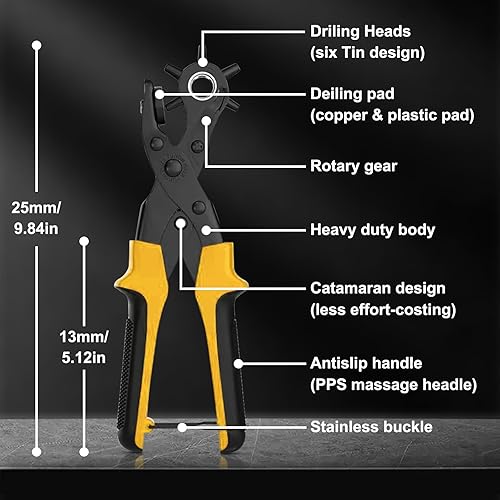 Miniatura 12 de Diyife Perforadora de cuero, perforadora para cinturón resistente, kit de alicates giratorios con aguja de molienda extra, placas de perforación