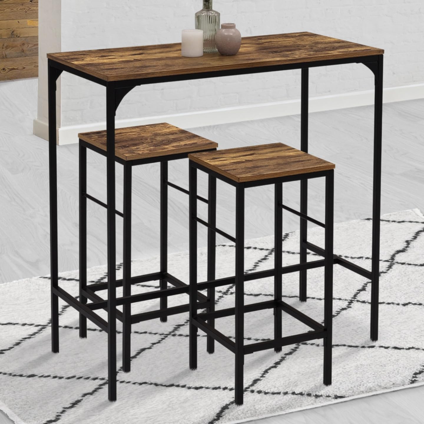 IDMarket - Mesa alta de bar Dayton 100 cm y 4 taburetes, madera oscura, efecto envejecido y negro, diseño industrial