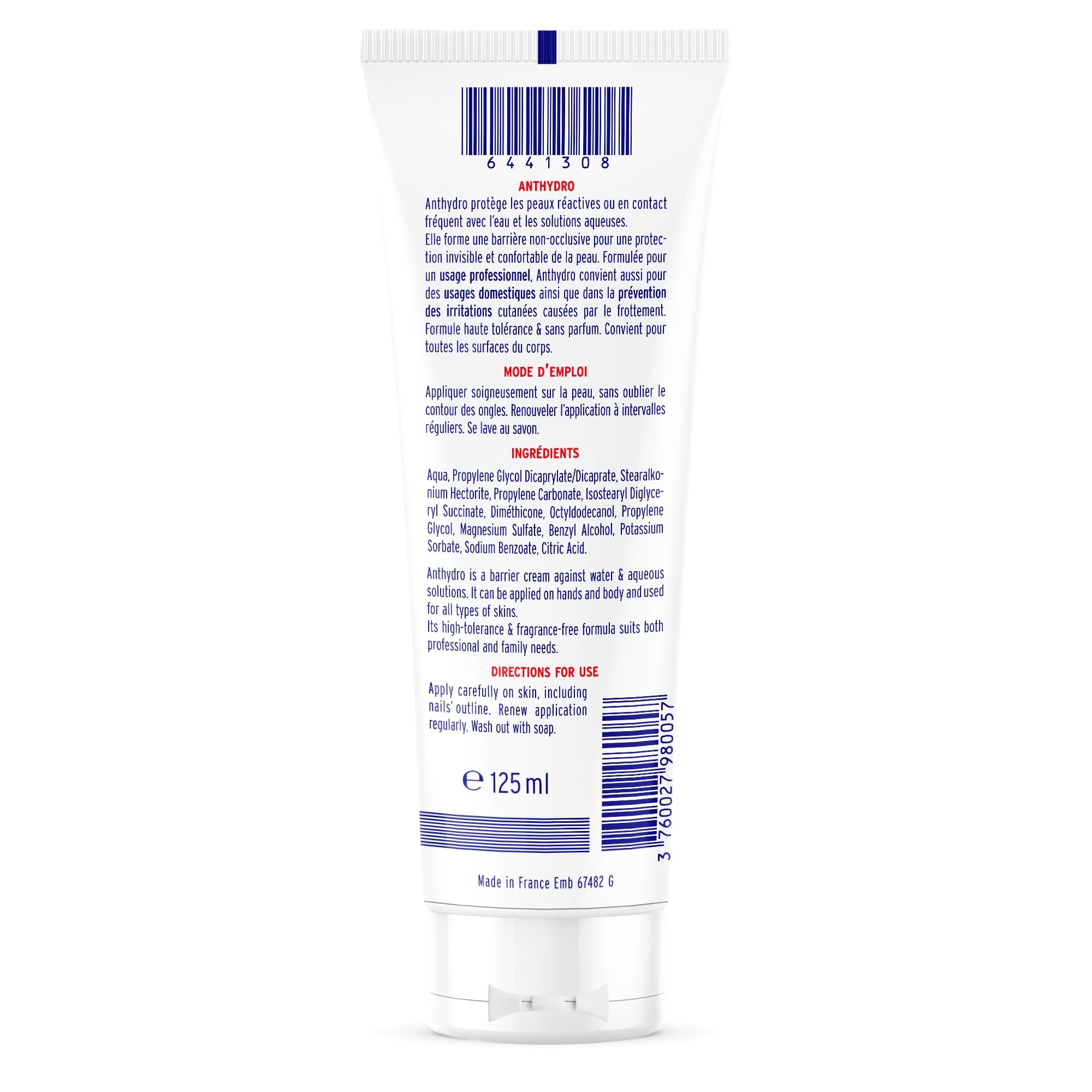 Lot de 3 - ANTHYDRO - Crème Barrière - Protection ANTI-EAU – ANTI-FROTTEMENT - Mains, visage et corps – Haute tolérance - Sans parfum -Tube 125 ml