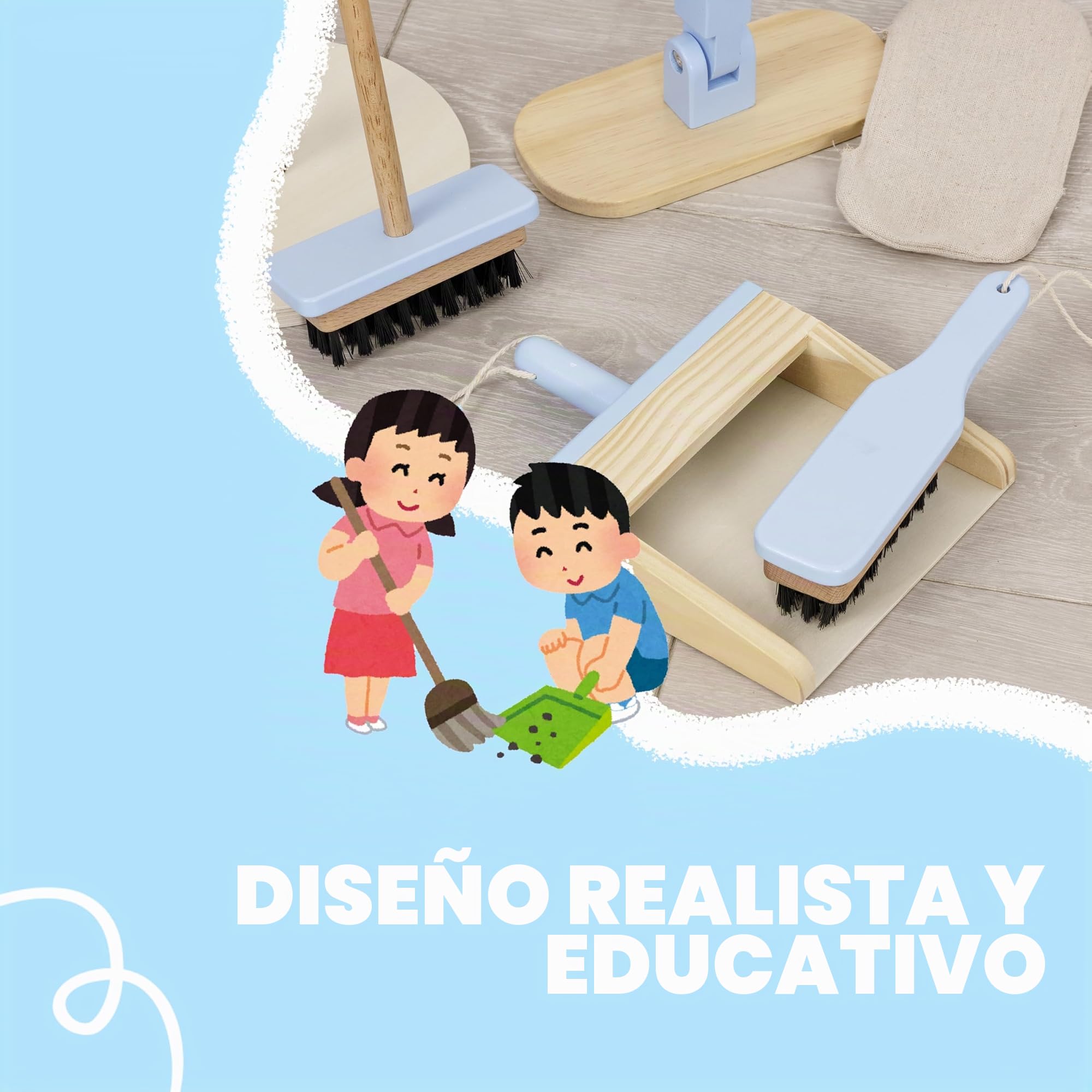 Baroni Toys Juego de Limpieza de Madera, Juego Montessori, 4 Piezas con Soporte, para Niños de 3 a 6 Años, Incluye Escoba, Recogedor, Fregona y Cepillo, Fácil de Montar y Ligero, 17x18x59 cm