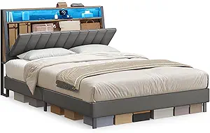 VASAGLE LED Bed Frame Queen Size, Storage Headboard and Charging Station, Queen Bed Frame with 2 AC Outlets, 1 USB Port, 1 Type-C Port, No Box Spring Needed, Dove Gray and Camel Brown URMB841G01